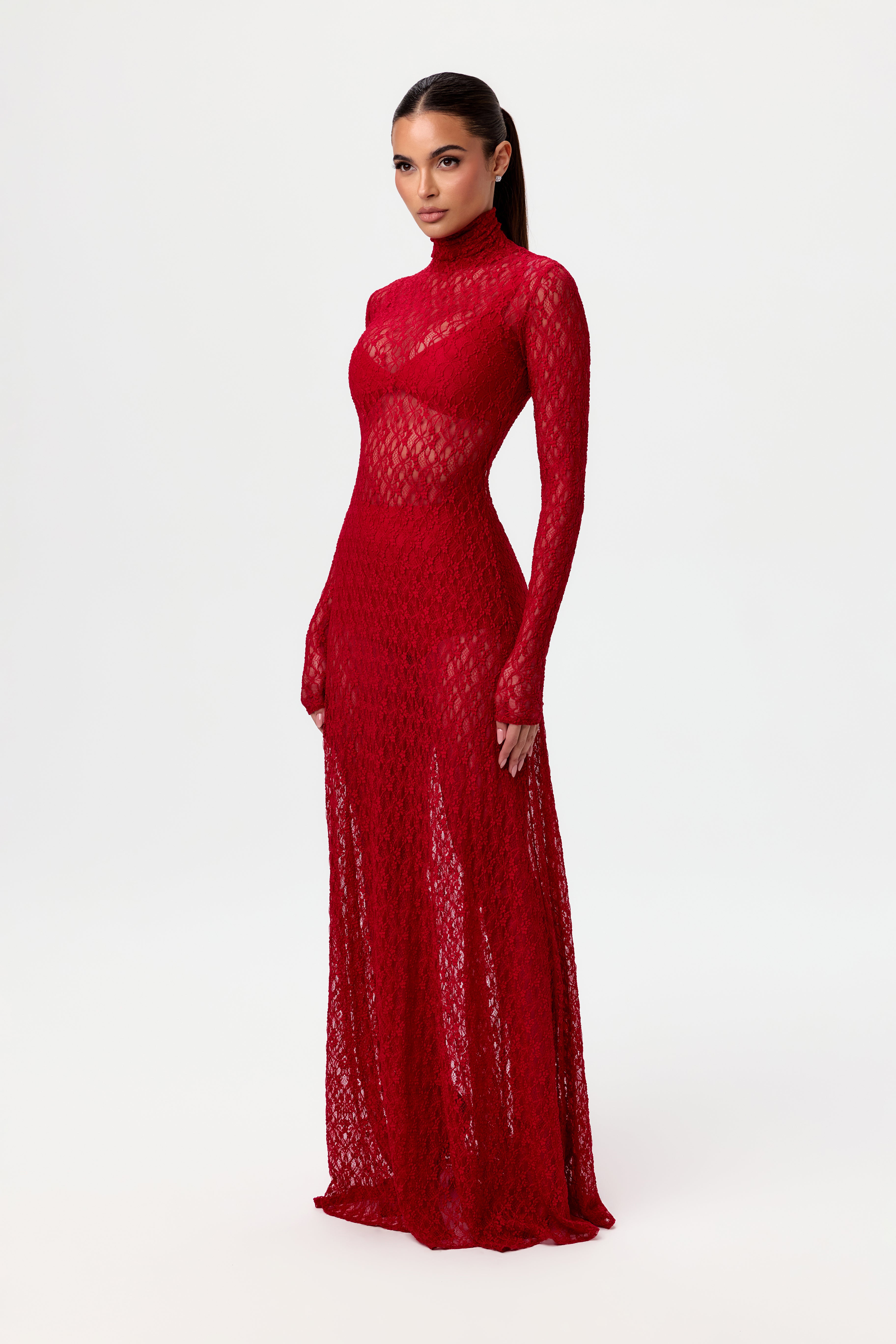 Stretch Lace Turtleneck Maxi Dress