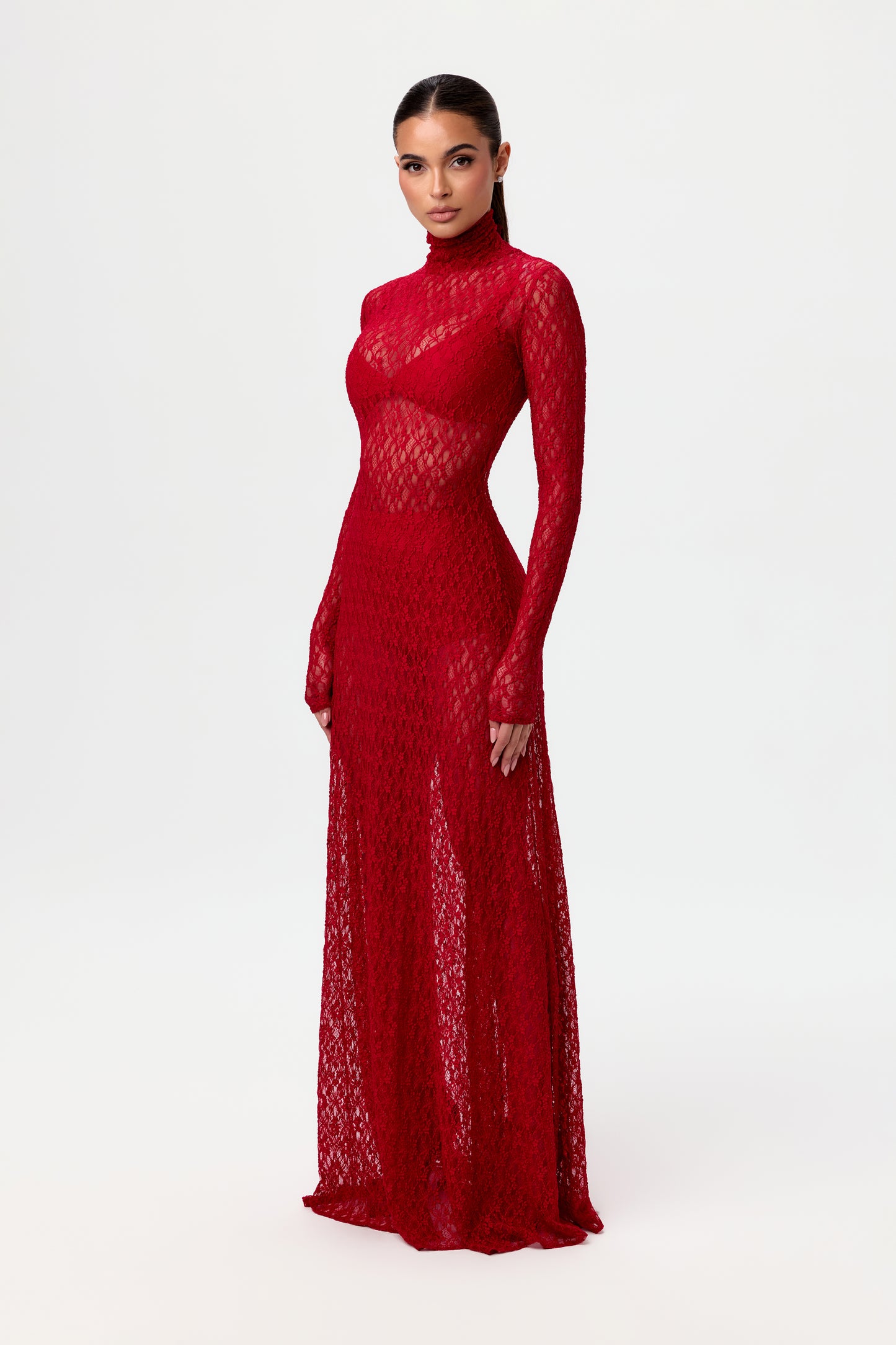 Stretch Lace Turtleneck Maxi Dress