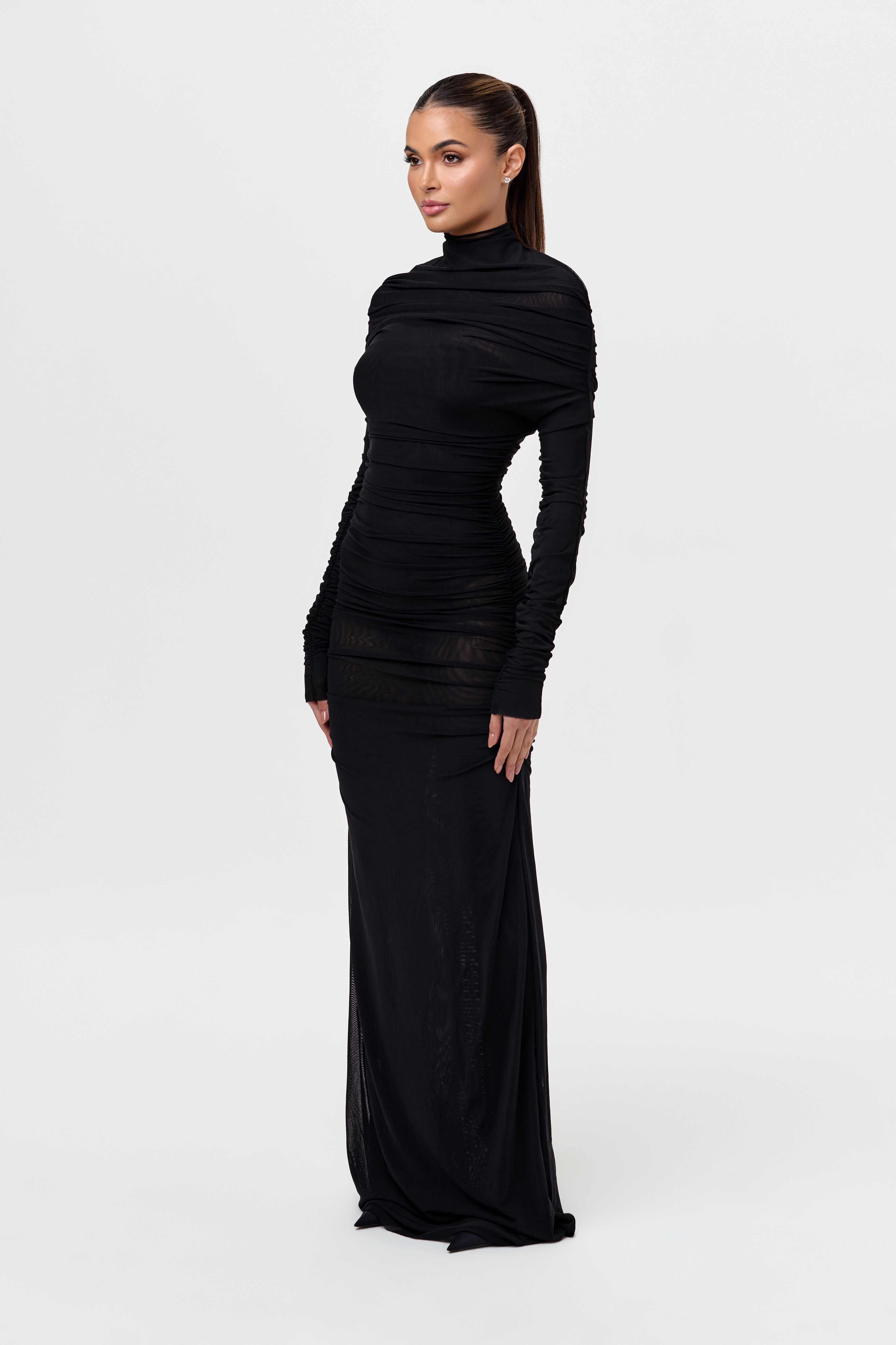 Mesh Draped Mock Neck Long Sleeve Maxi Dress