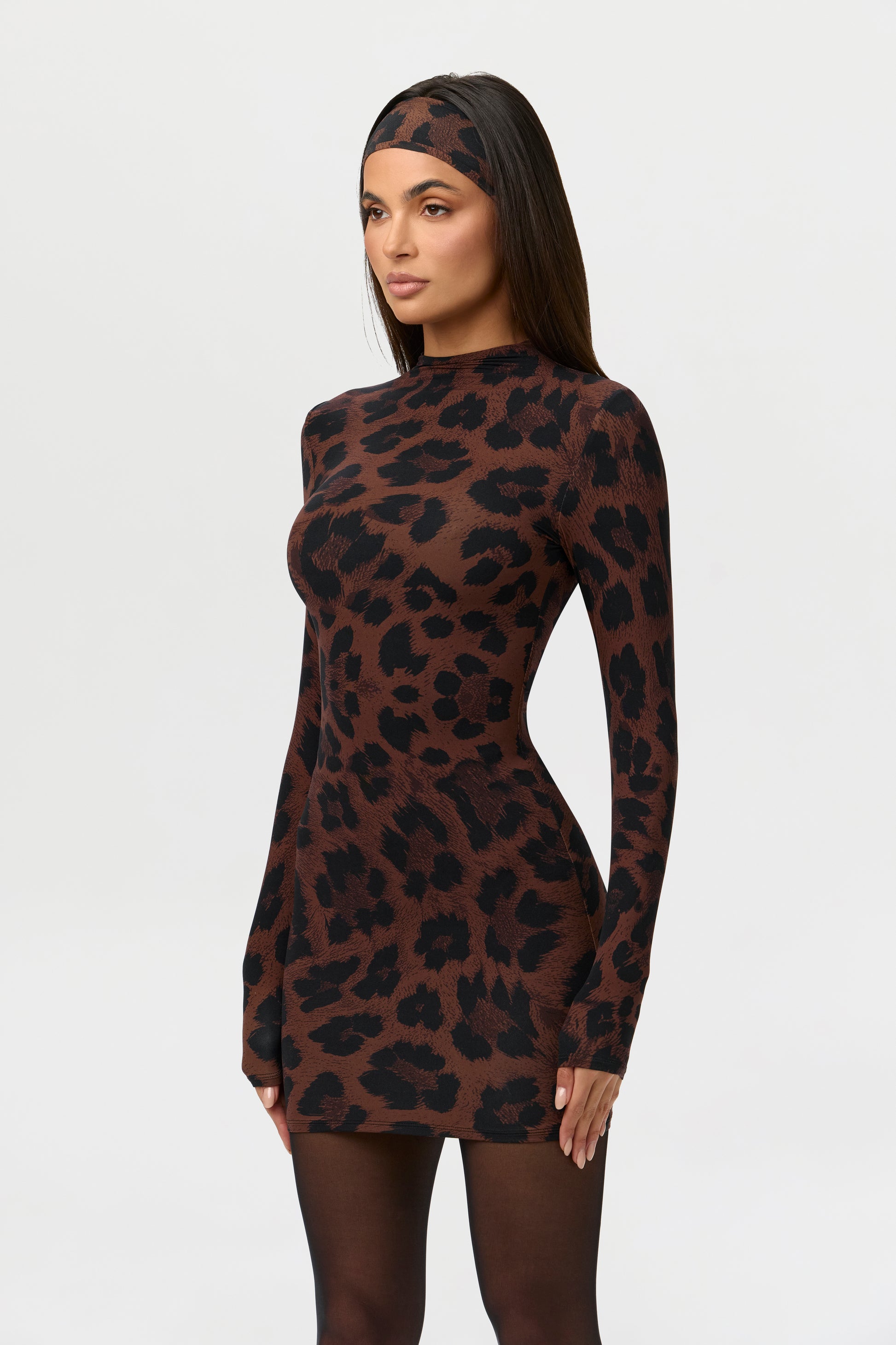 Women's Mini Dress Naked Print Mock Neckline Nylon by Naked Wardrobe, Dark Leopard / XS Women's Mini Dress Naked Print Mock Neckline Nylon by Naked Wardrobe, Dark Leopard / XS