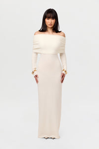 Bouclé Knit Off-Shoulder Maxi Dress