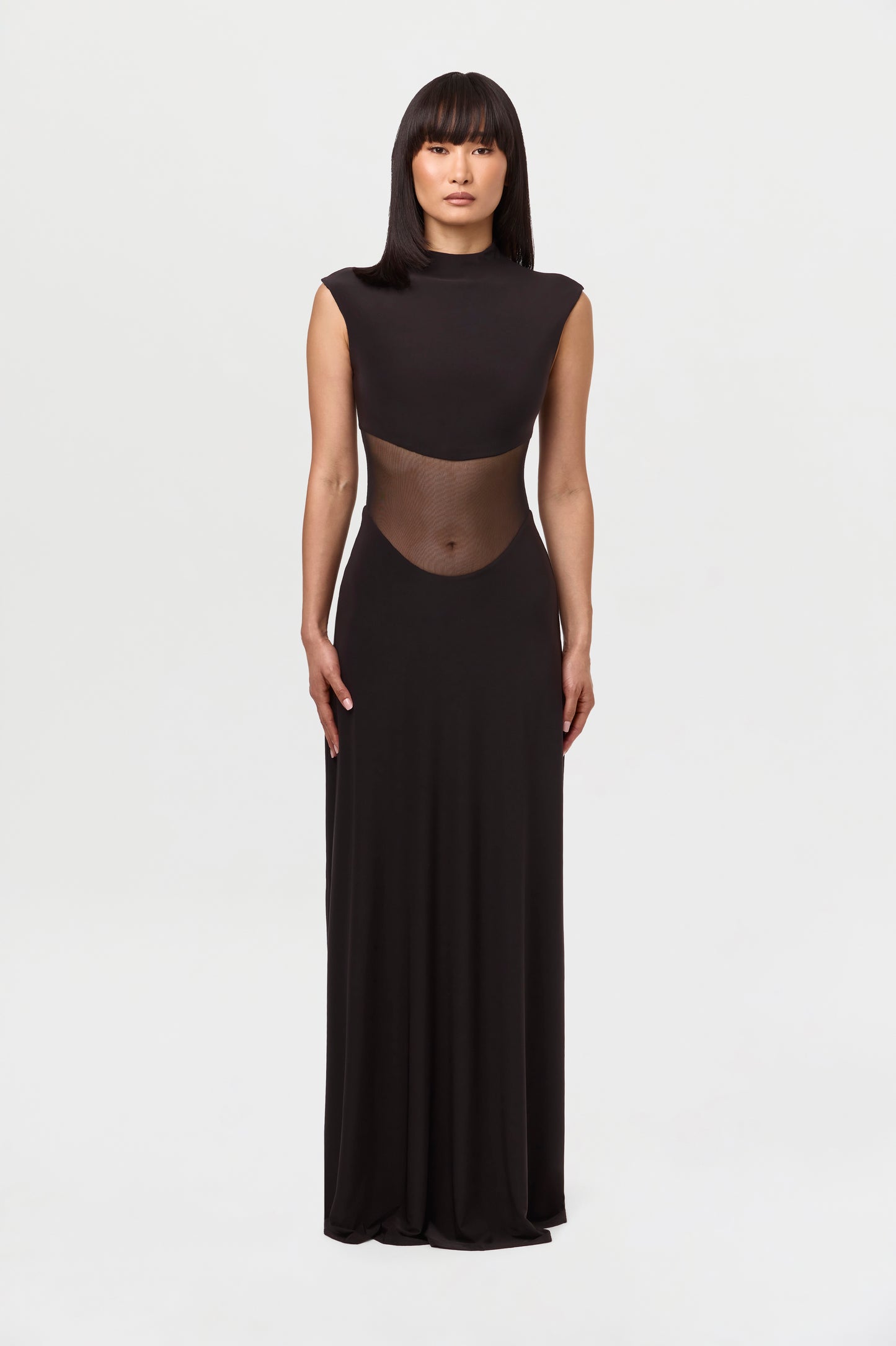 Hourglass Mesh Flare Maxi Dress