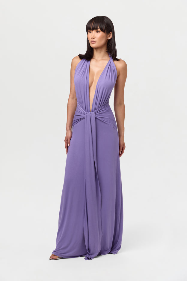 Smooth Halter Plunge Drape Tie Dress