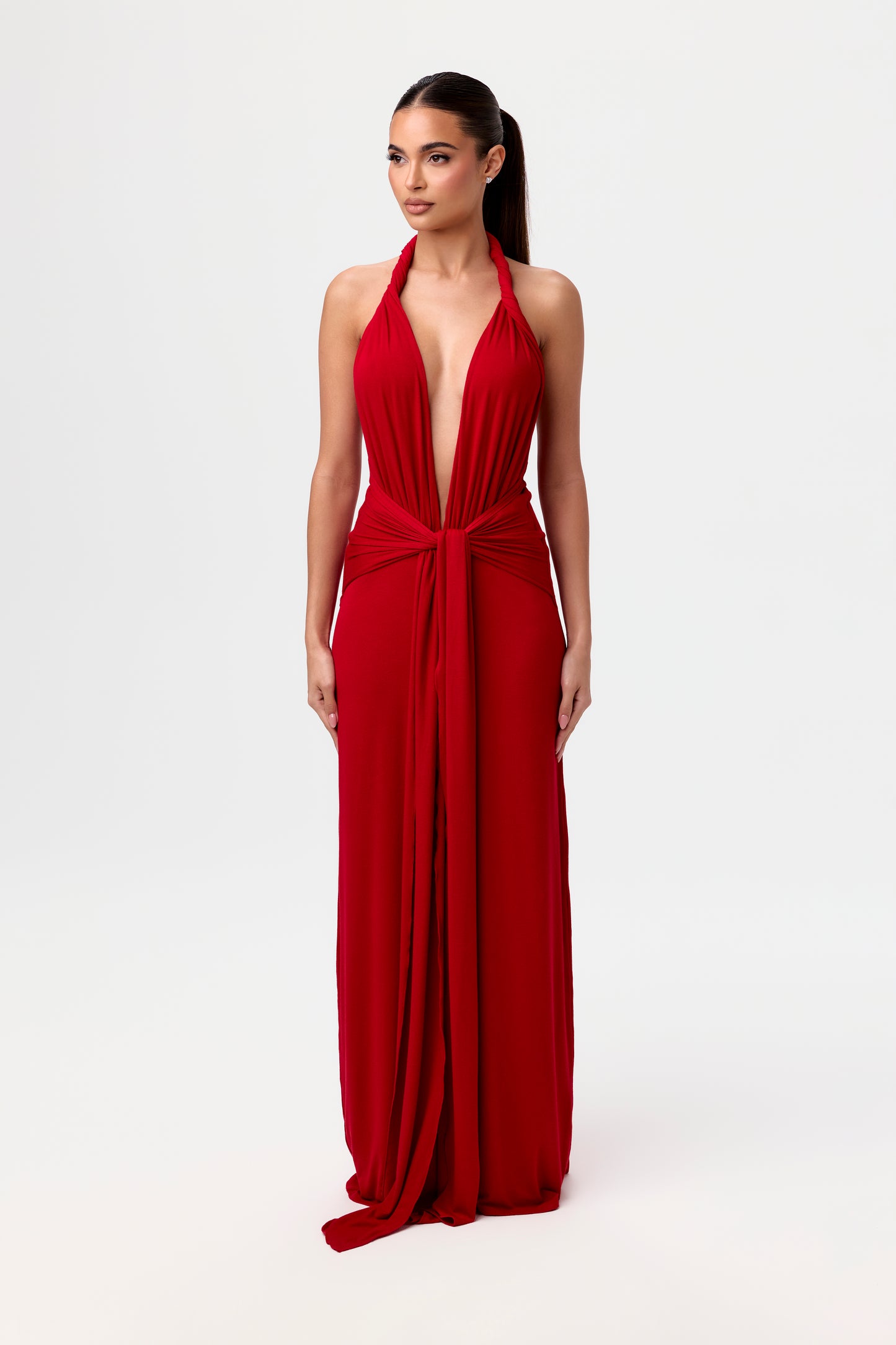 NW Halter Plunge Tie Maxi Dress