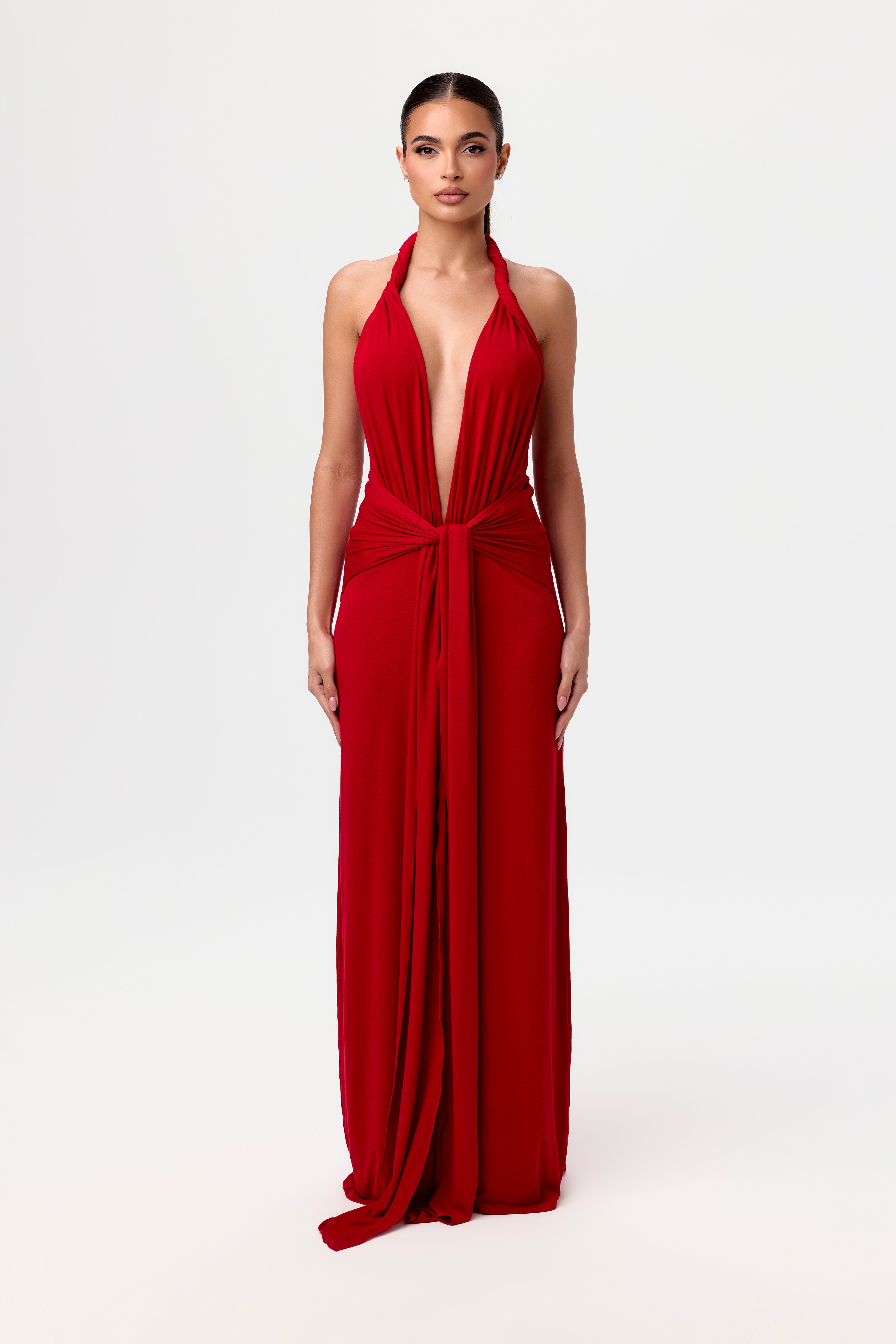 NW Halter Plunge Tie Maxi Dress