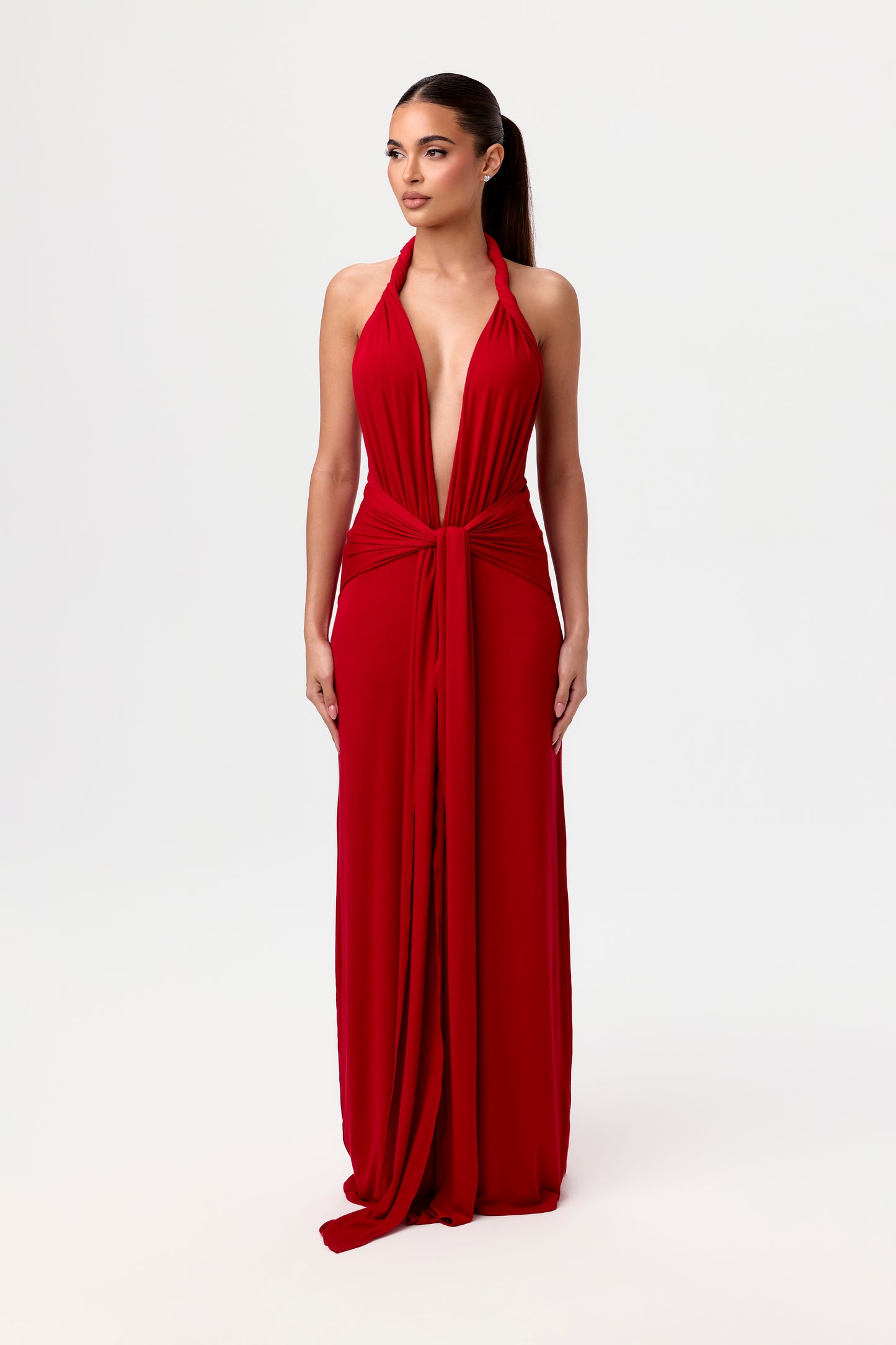 NW Halter Plunge Tie Maxi Dress