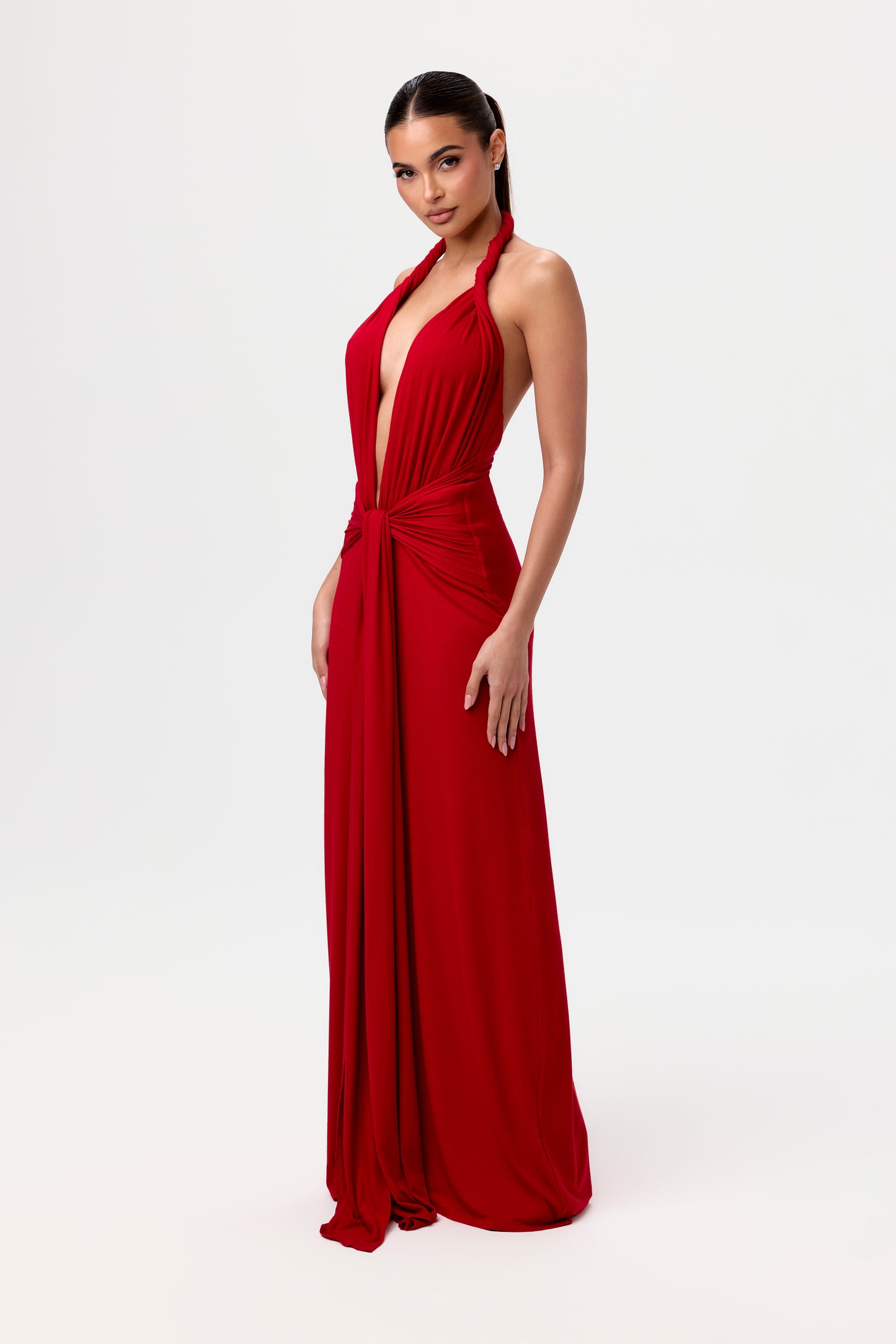 NW Halter Plunge Tie Maxi Dress