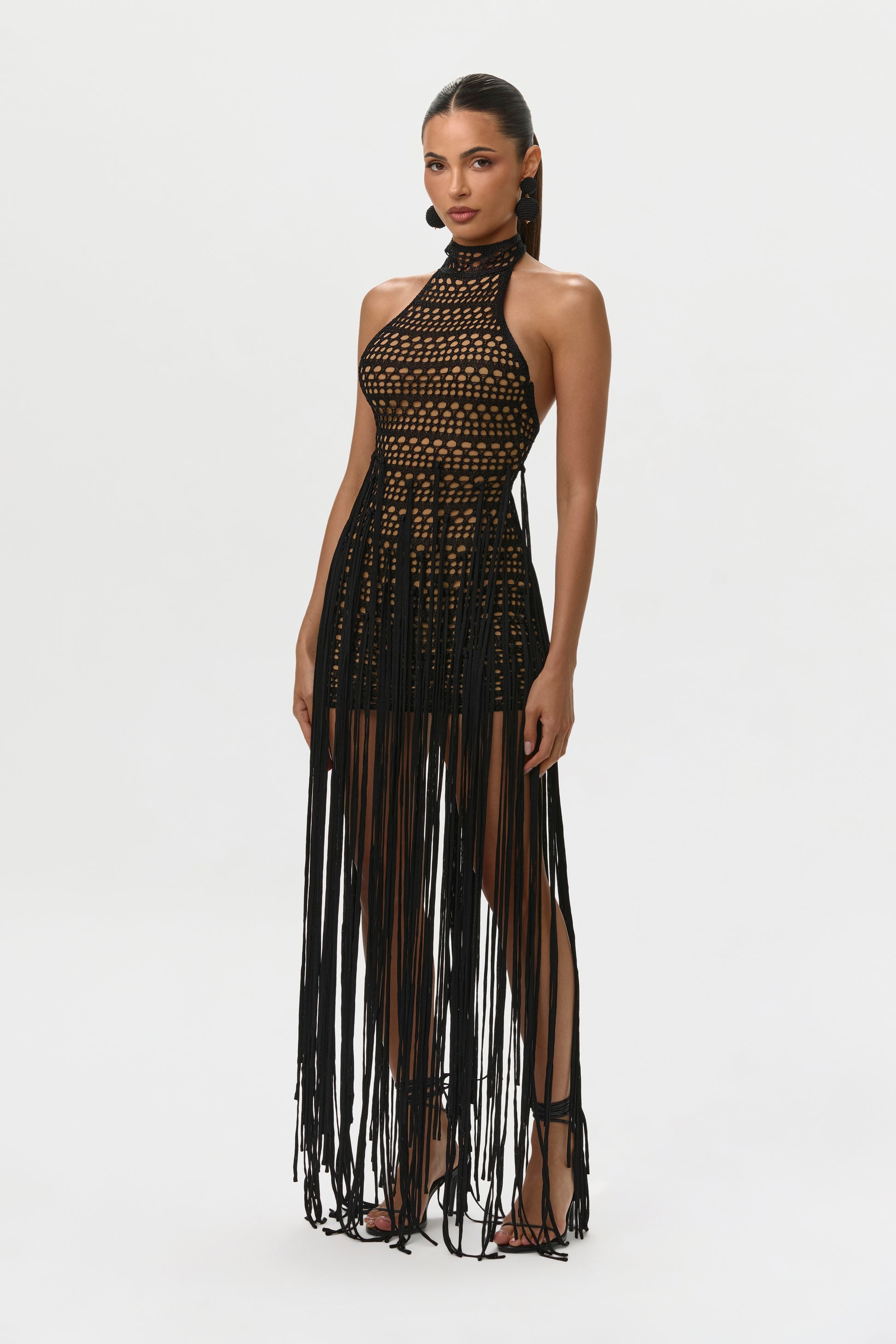 Black Crochet Fringe Halter Mini Dress