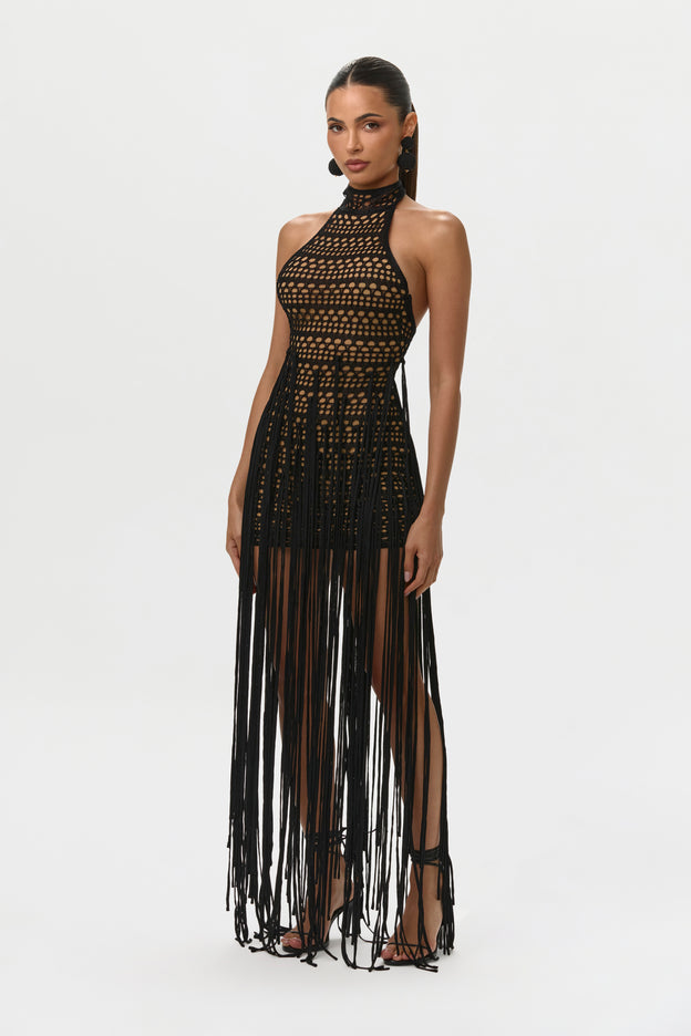 Crochet Fringe Halter Mini Dress