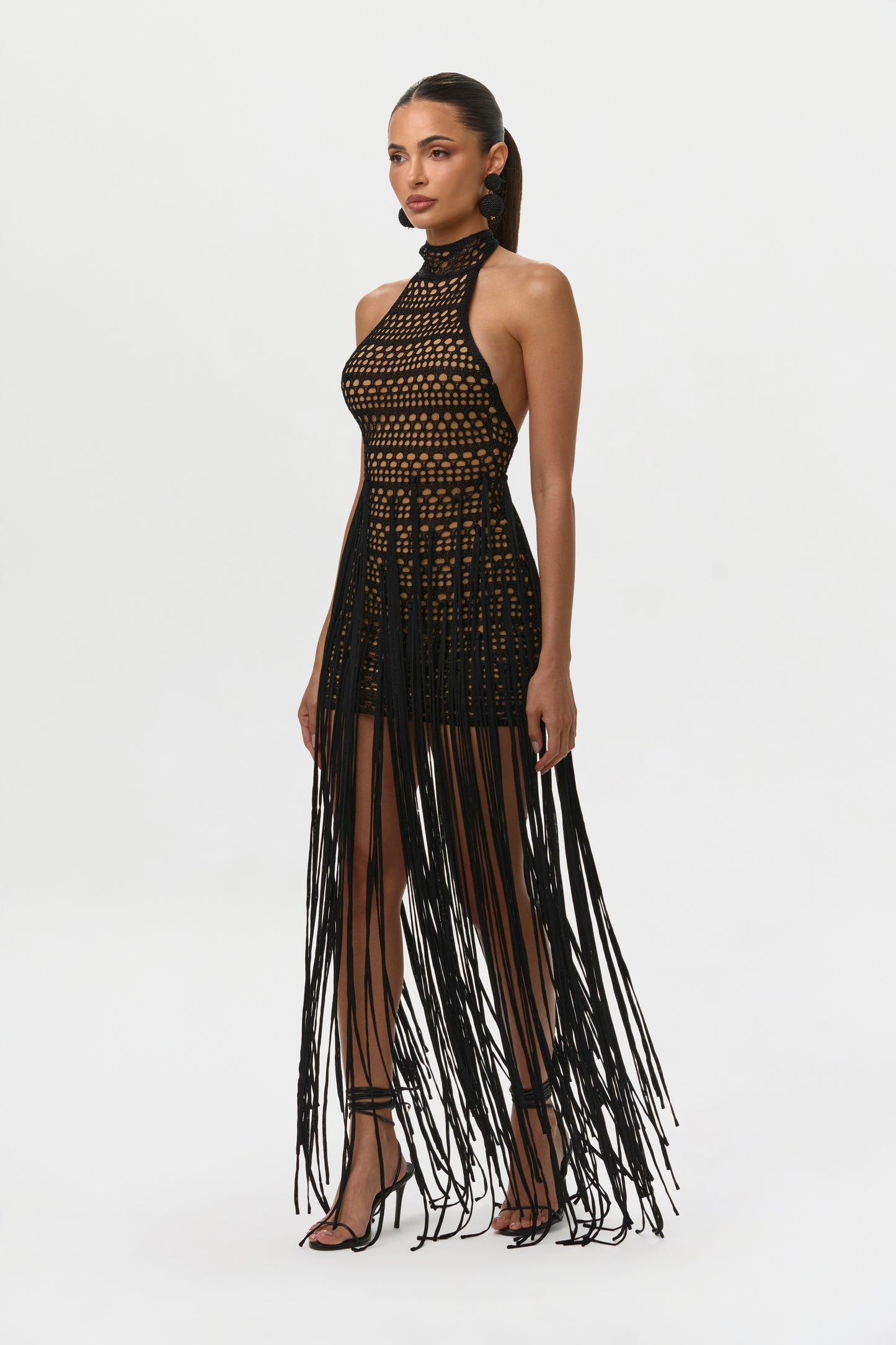Black Crochet Fringe Halter Mini Dress