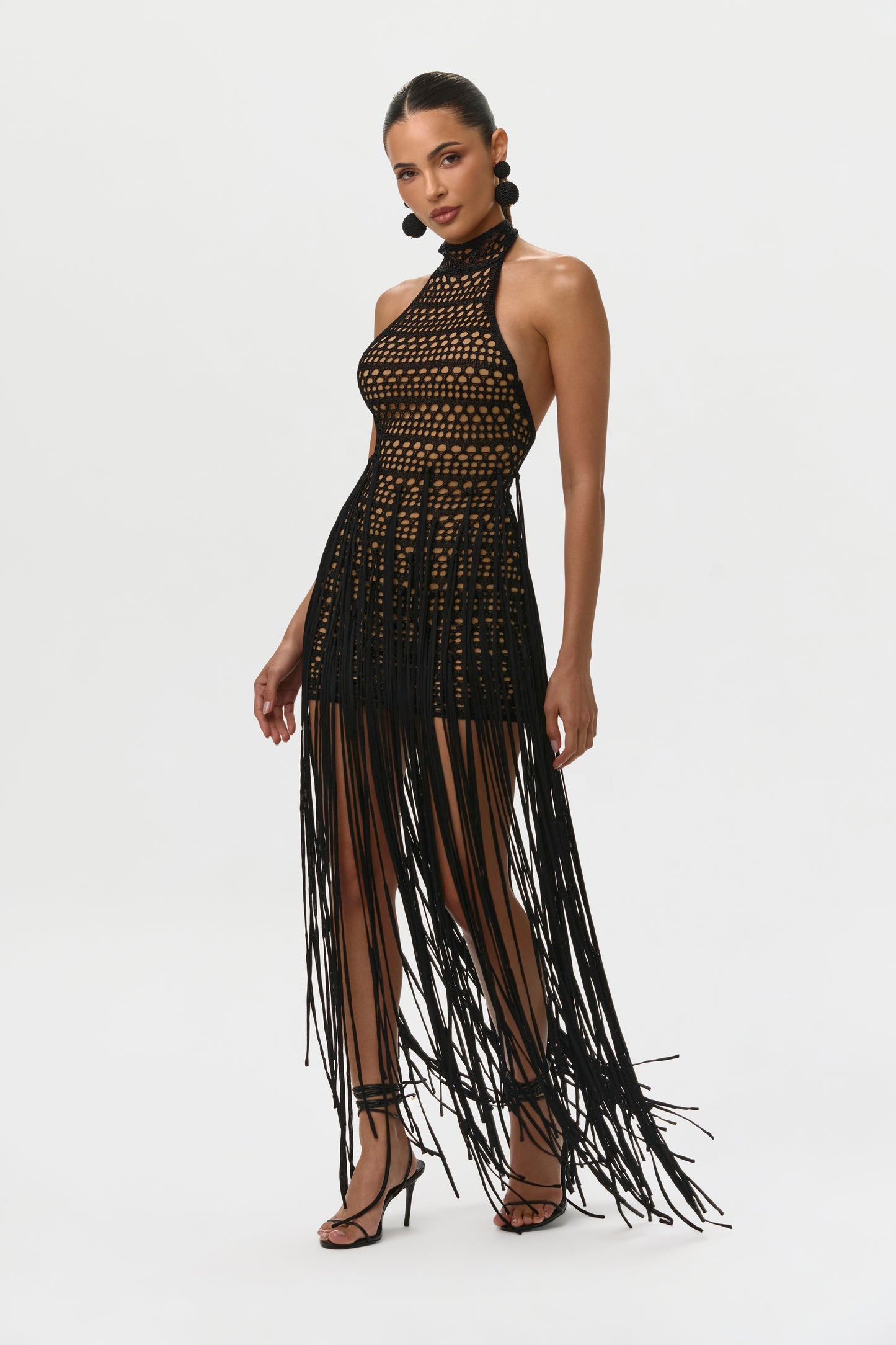 Black Crochet Fringe Halter Mini Dress