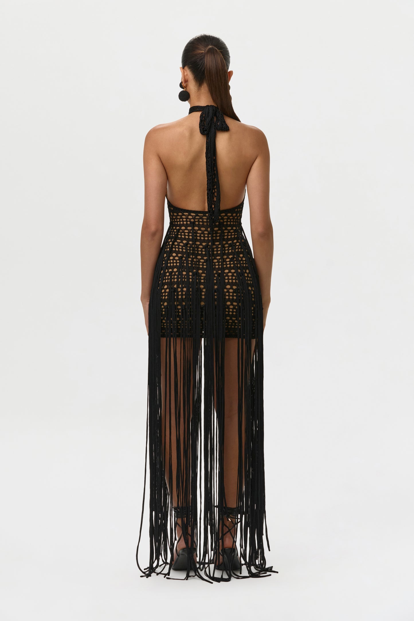 Black Crochet Fringe Halter Mini Dress