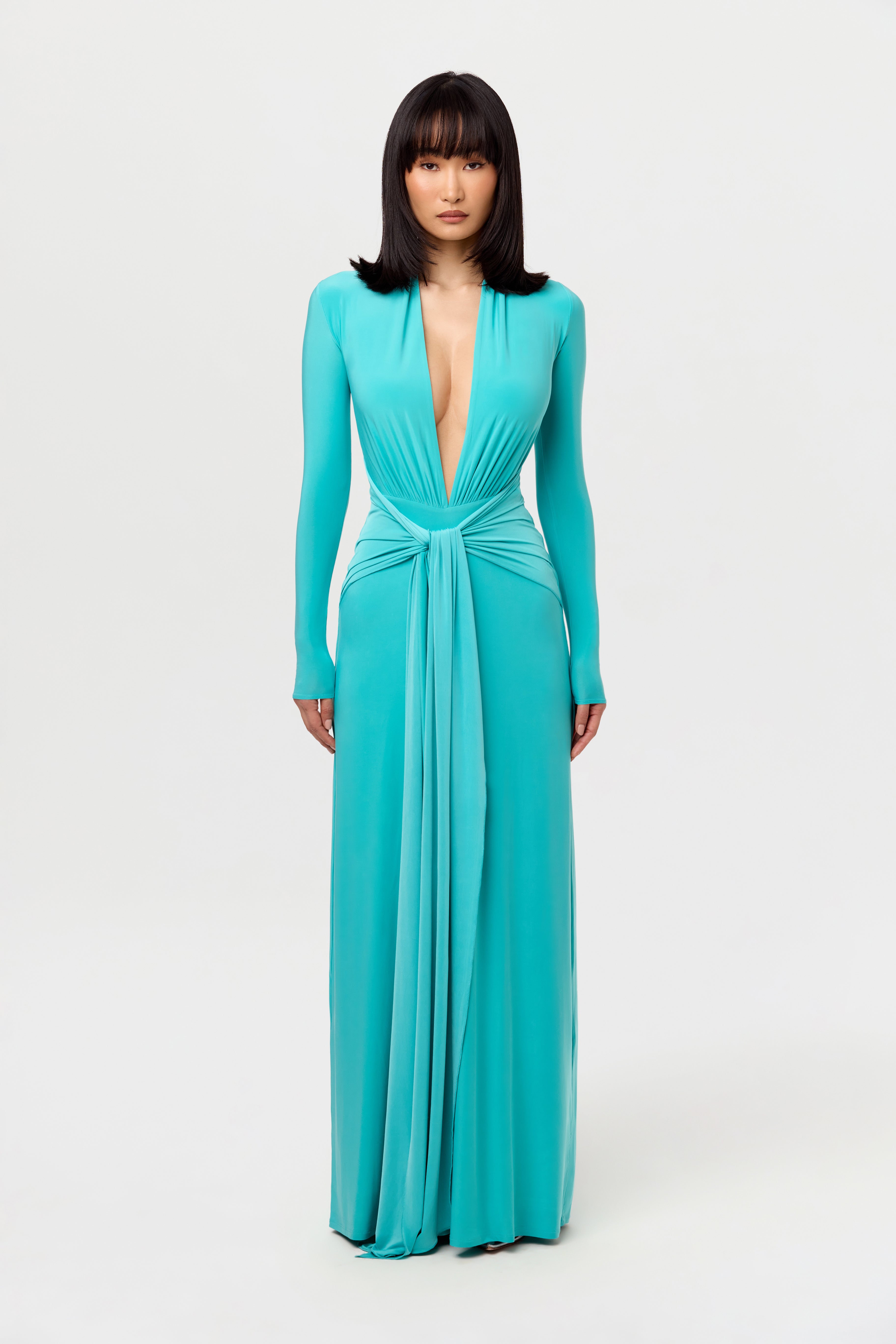 Hourglass Plunge Draped Tie Dress