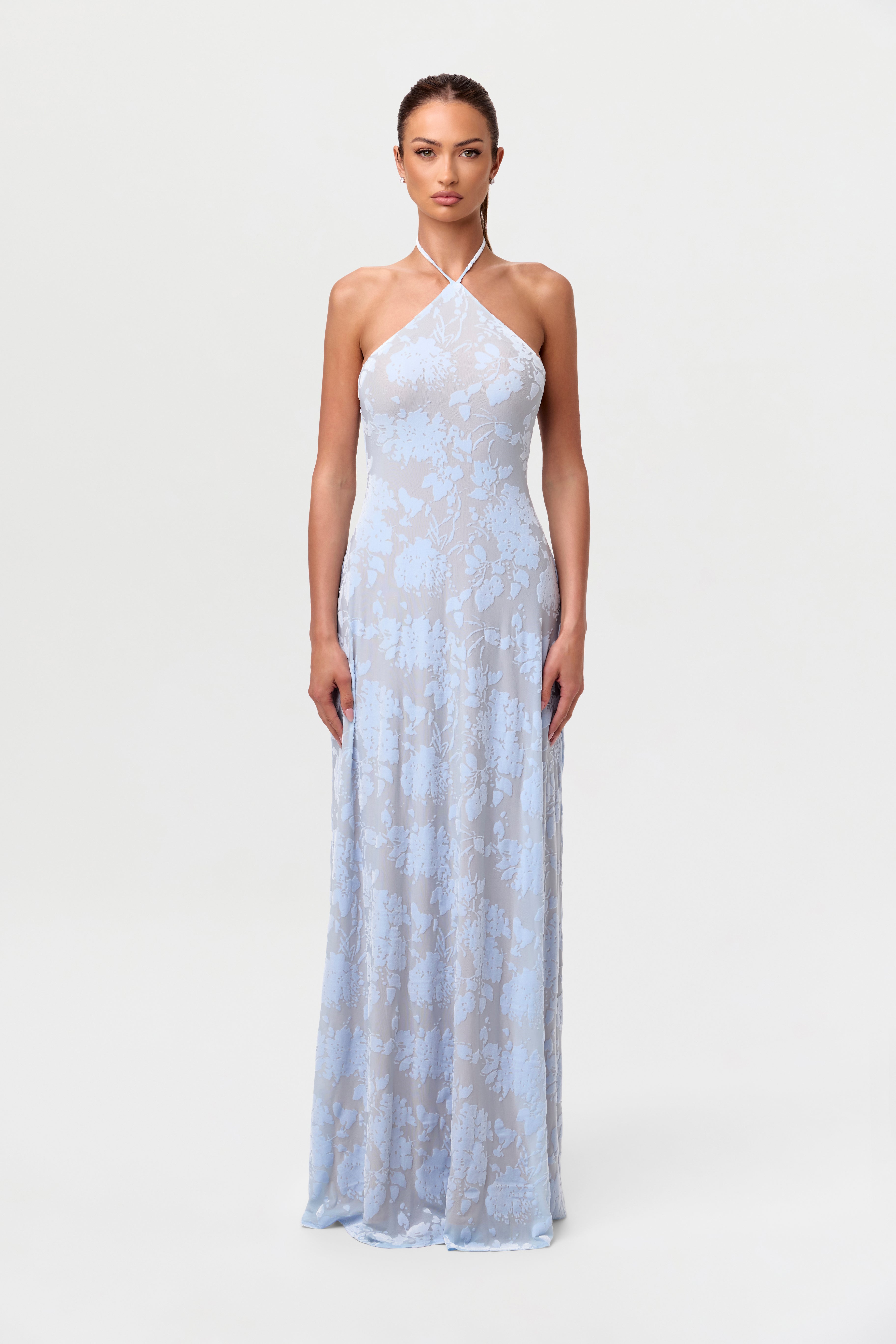Burnout Print Halter Maxi Dress