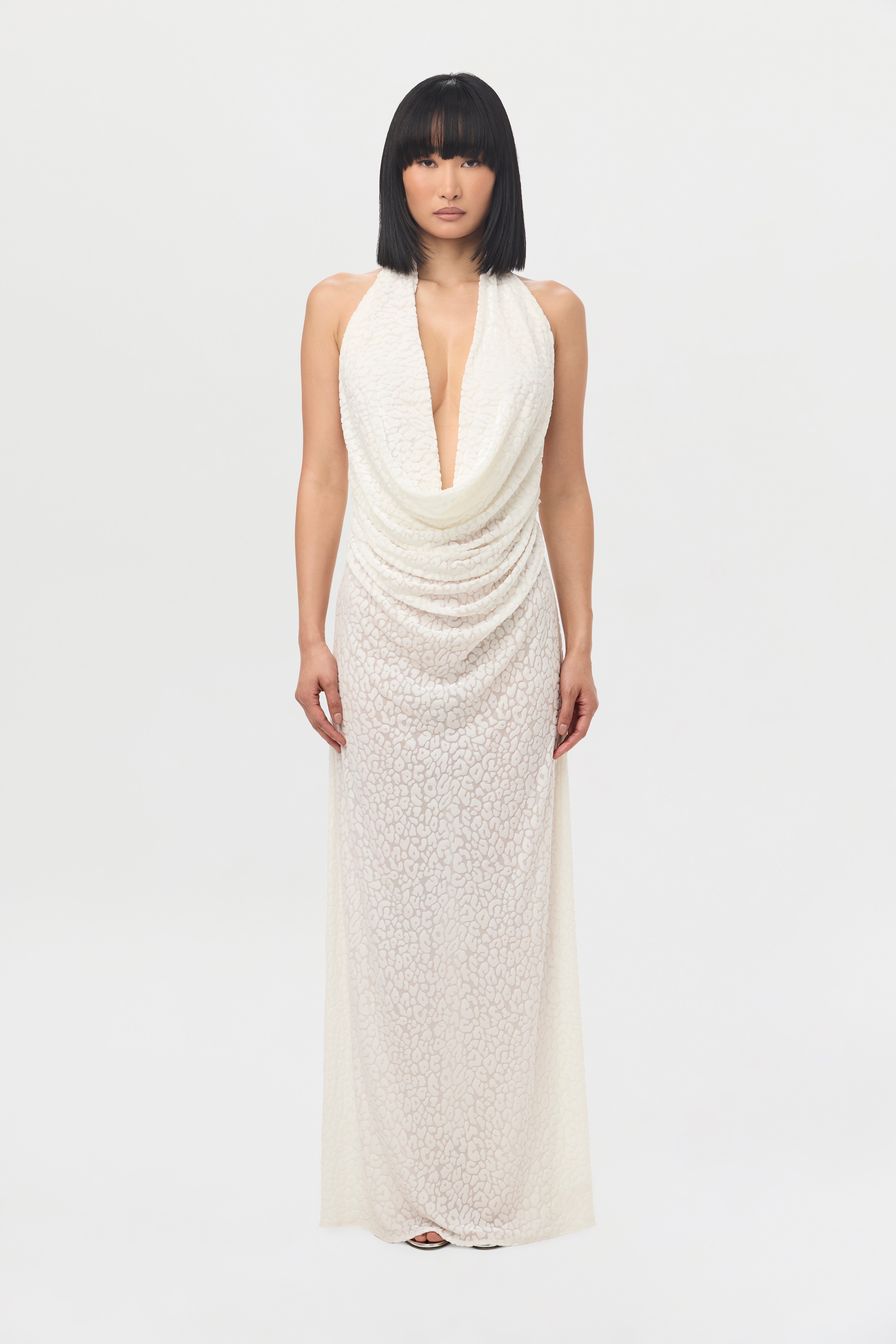 Burnout Plunge Halter Maxi Dress