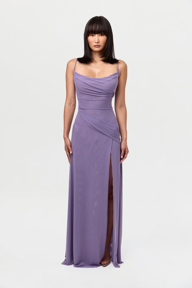 Mesh Drape Cap Sleeve Maxi Dress