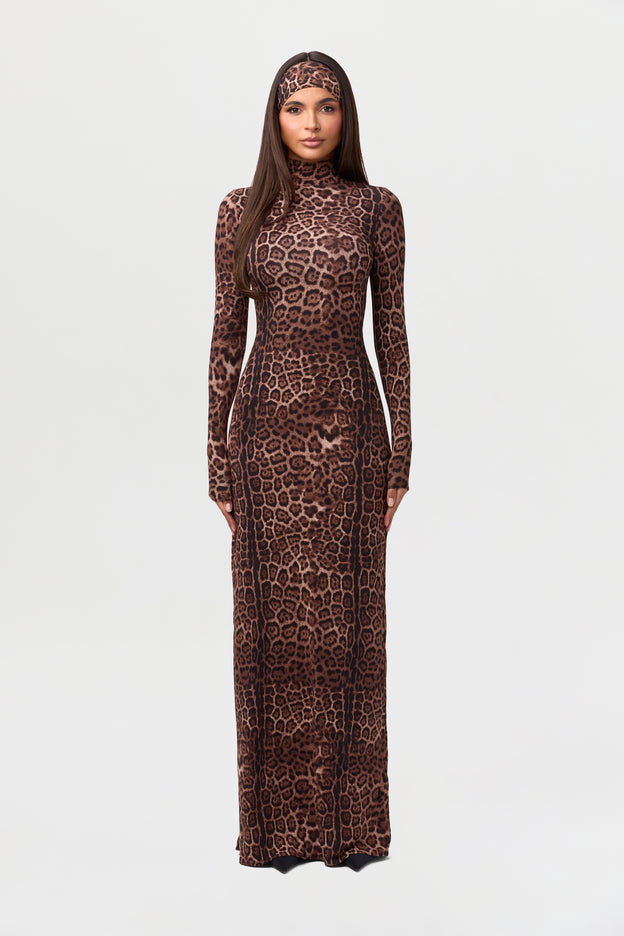 Naked Wardrobe Women's Leopard Print Long Sleeve Body-Con Maxi Dress - Brown
