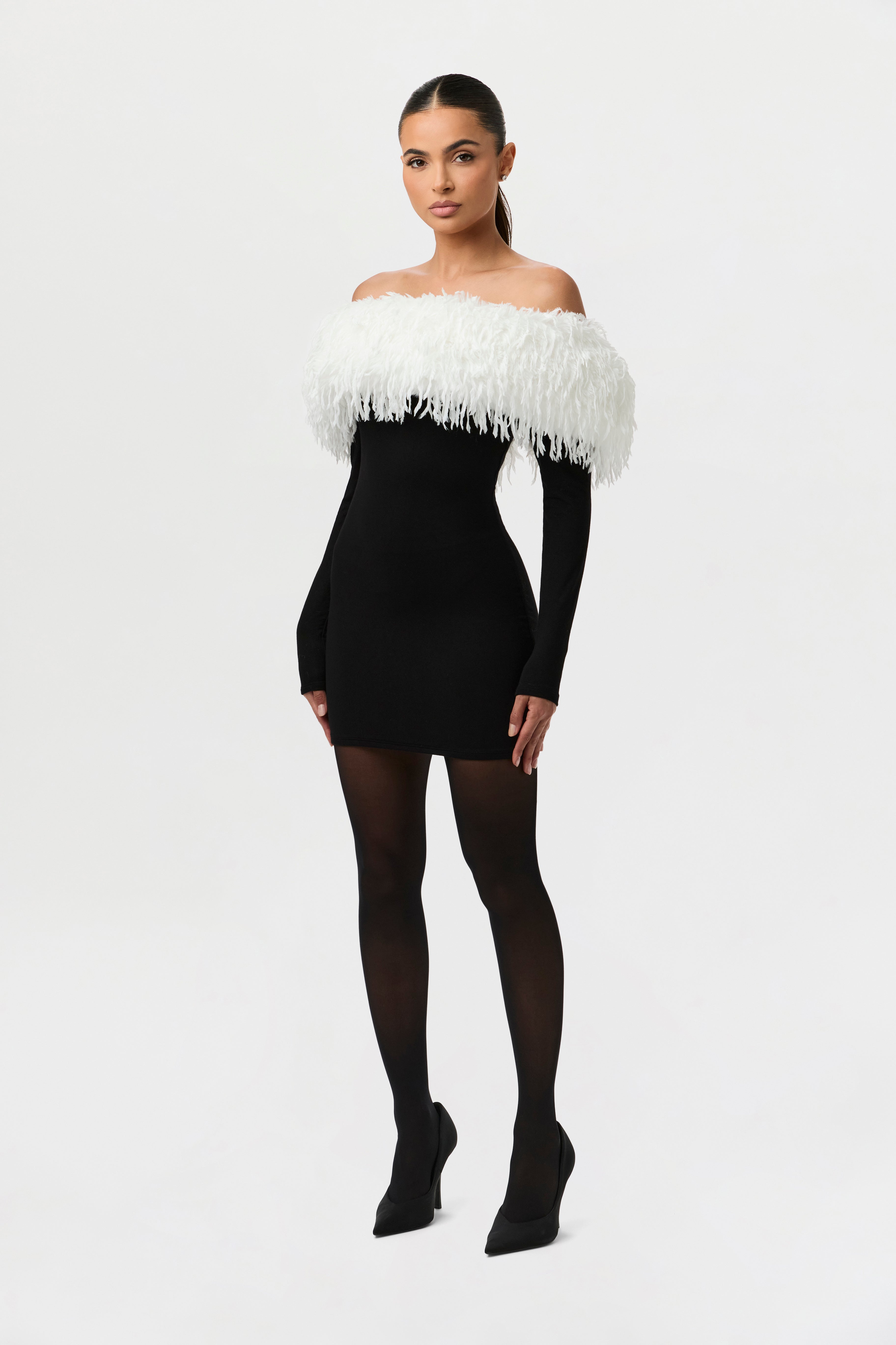 Butter Off-Shoulder Feather Dress