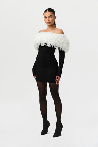 Butter Off-Shoulder Feather Dress