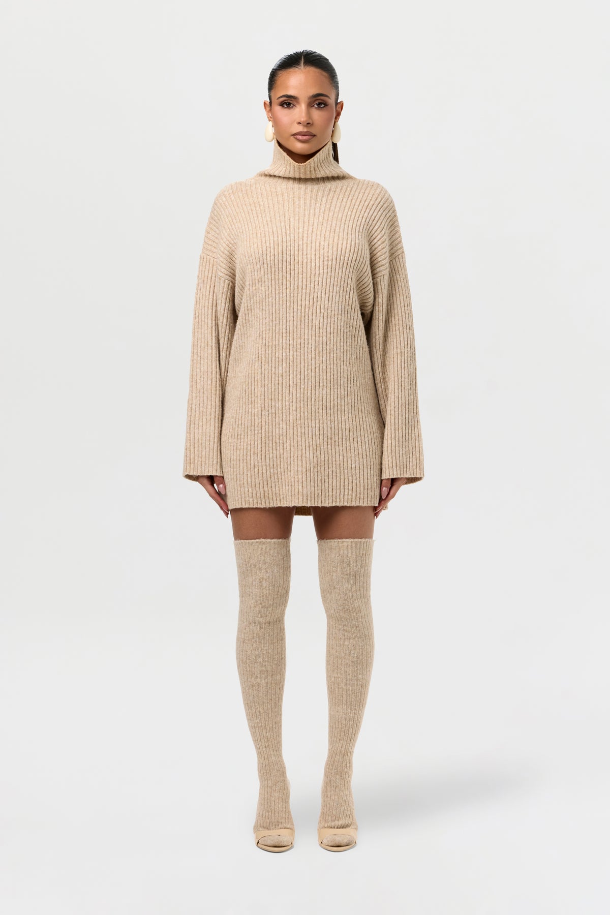 Ribbed Knit Turtleneck Sweater Dress