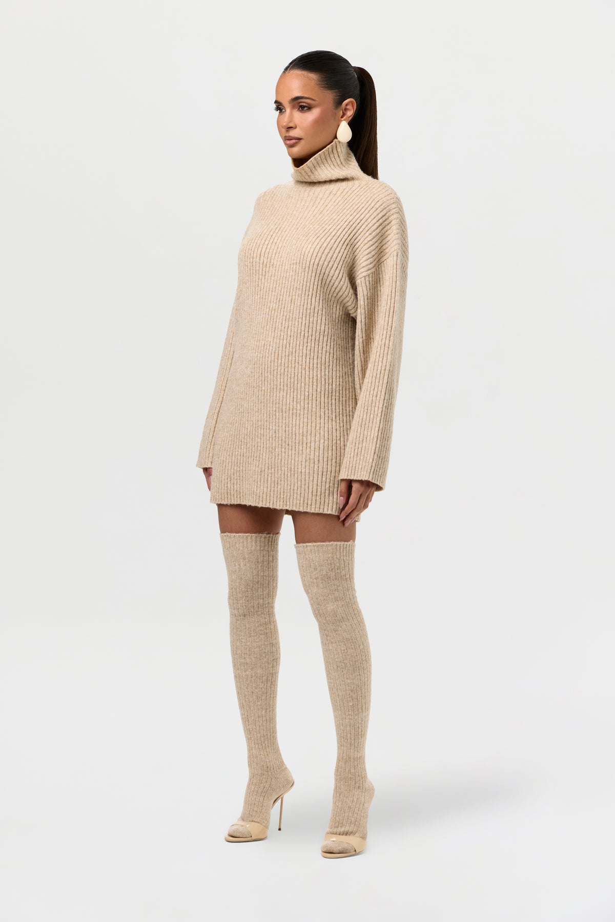Ribbed Knit Turtleneck Sweater Dress