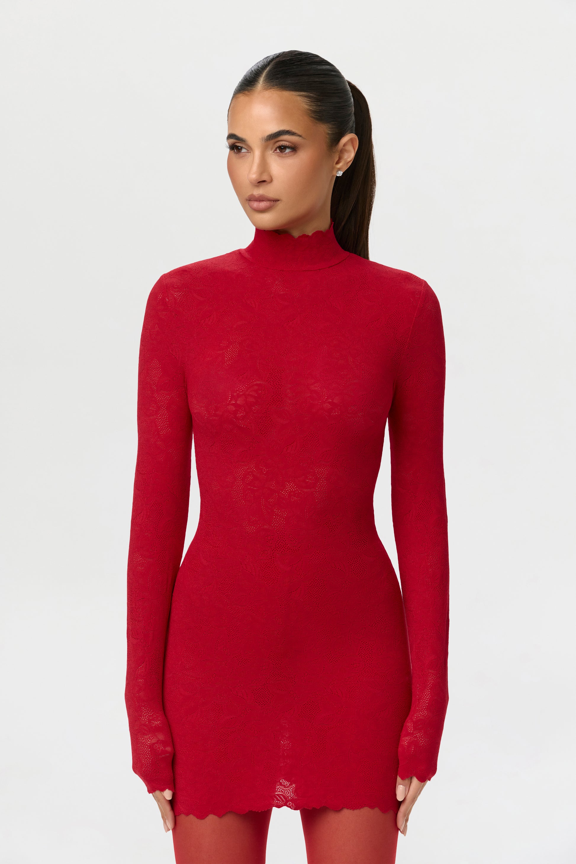 turtleneck dress lace Women's Stretch Lace Scallop Mini Dress by Naked Wardrobe, Ruby Red / S