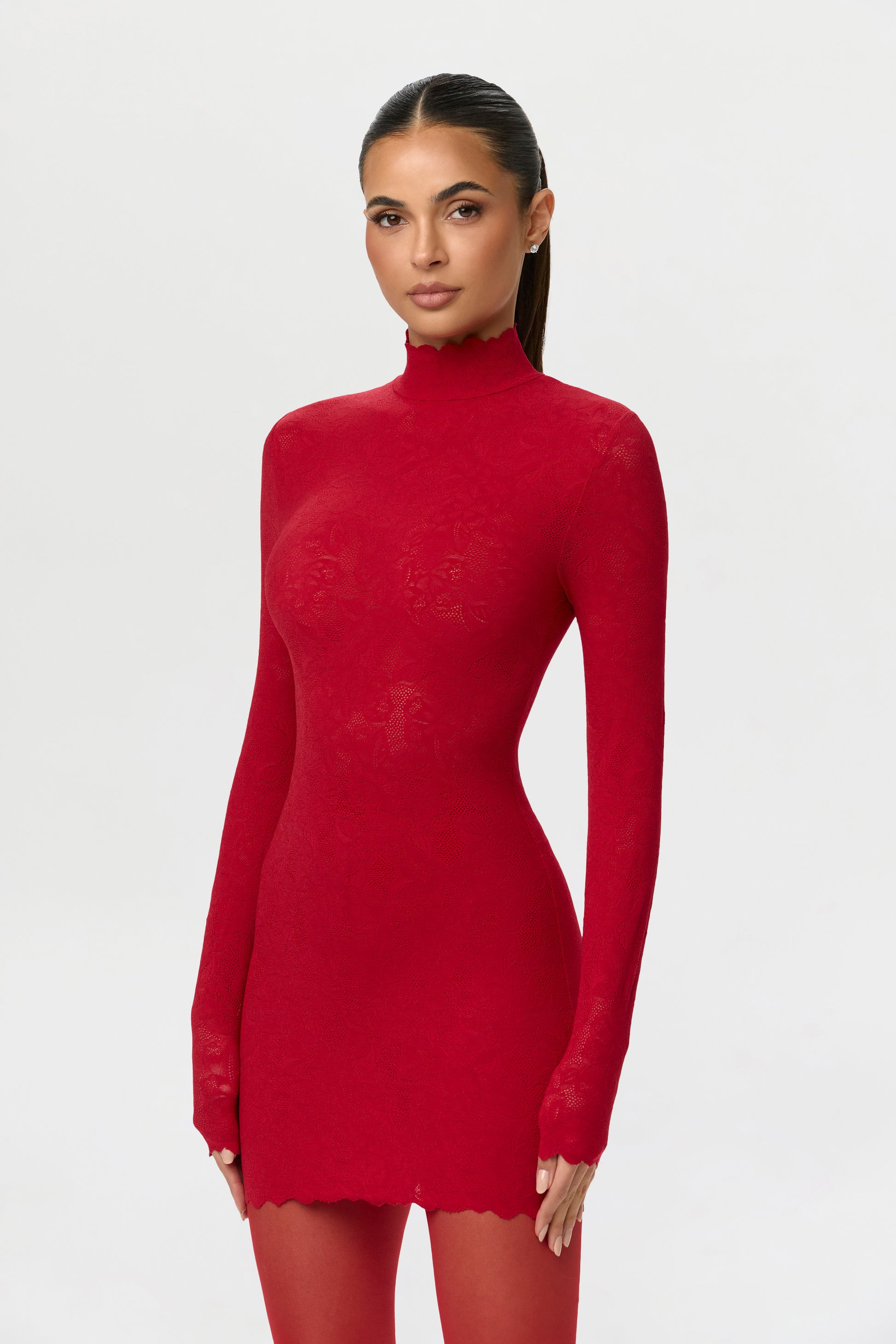 Women's Stretch Lace Scallop Mini Dress by Naked Wardrobe, Ruby Red / S Women's Stretch Lace Scallop Mini Dress by Naked Wardrobe, Ruby Red / S