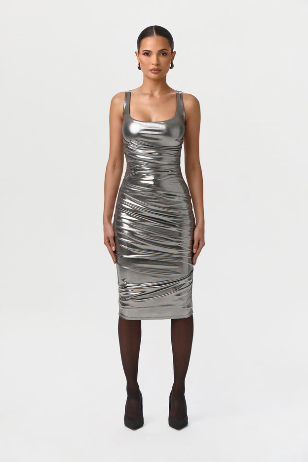 Foil Jersey Scoop Midi Dress