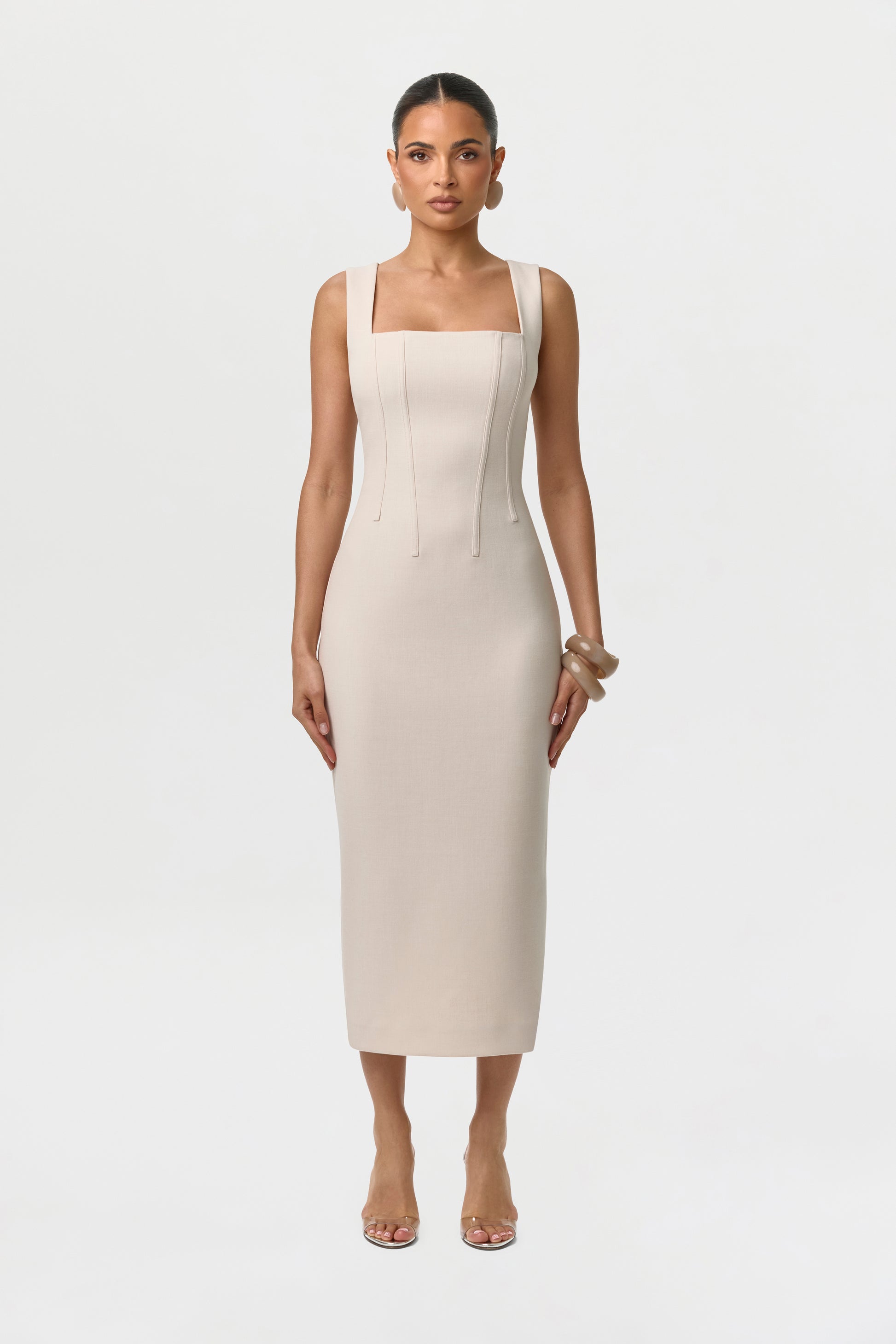 Women's Suiting Lace-Up Midi Dress by Naked Wardrobe, Mlange Beige / XS Women's Suiting Lace-Up Midi Dress by Naked Wardrobe, Mlange Beige / XS