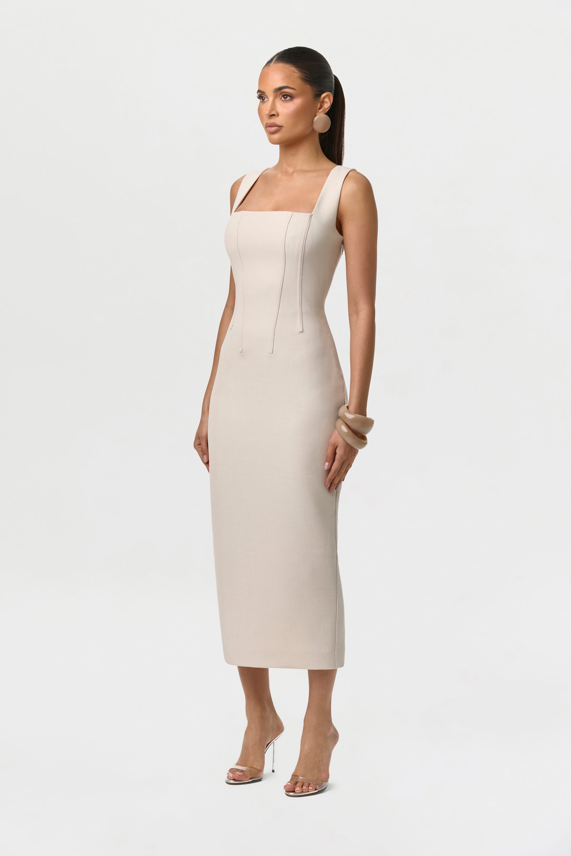 Women's Suiting Lace-Up Midi Dress by Naked Wardrobe, Mlange Beige / XS Women's Suiting Lace-Up Midi Dress by Naked Wardrobe, Mlange Beige / XS