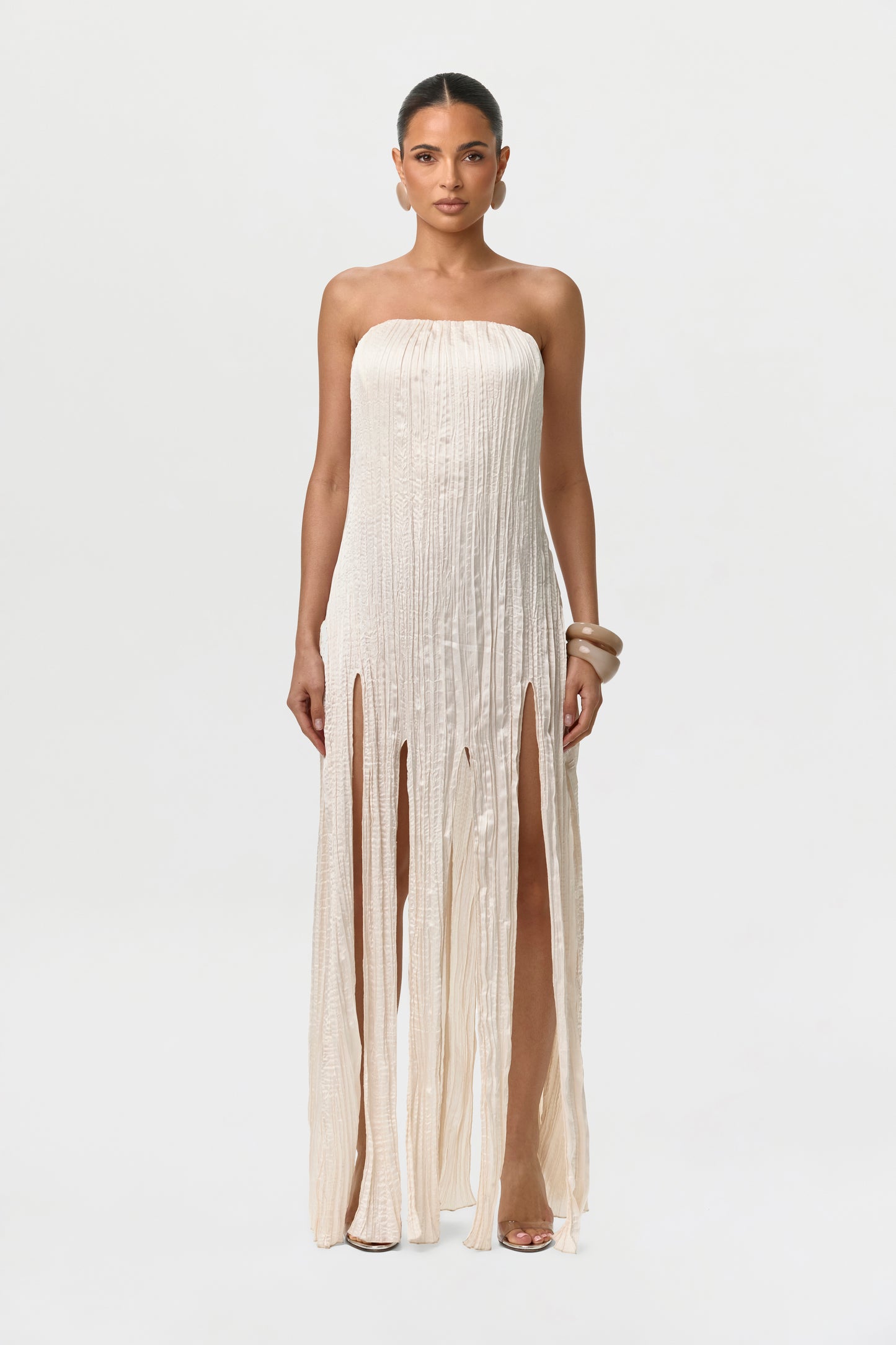 Women's Satin Pliss Tube Dress by Naked Wardrobe, Crema / L Women's Satin Pliss Tube Dress by Naked Wardrobe, Crema / L