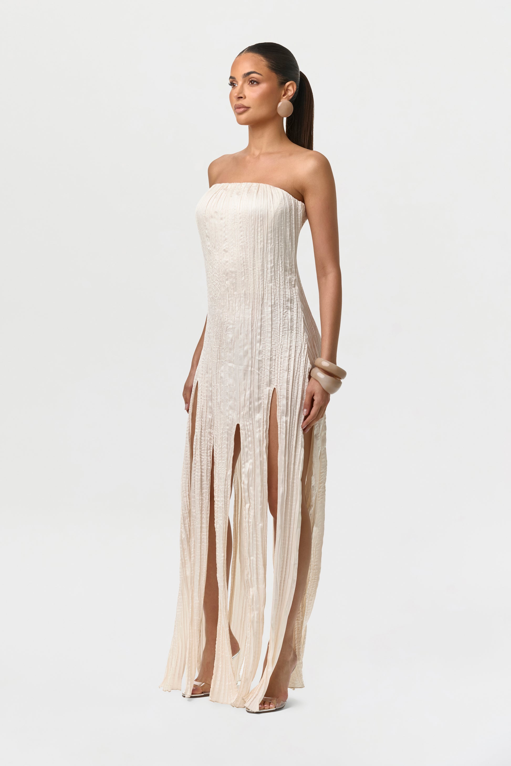 plisse satin dress Women's Satin Pliss Tube Dress by Naked Wardrobe, Crema / L