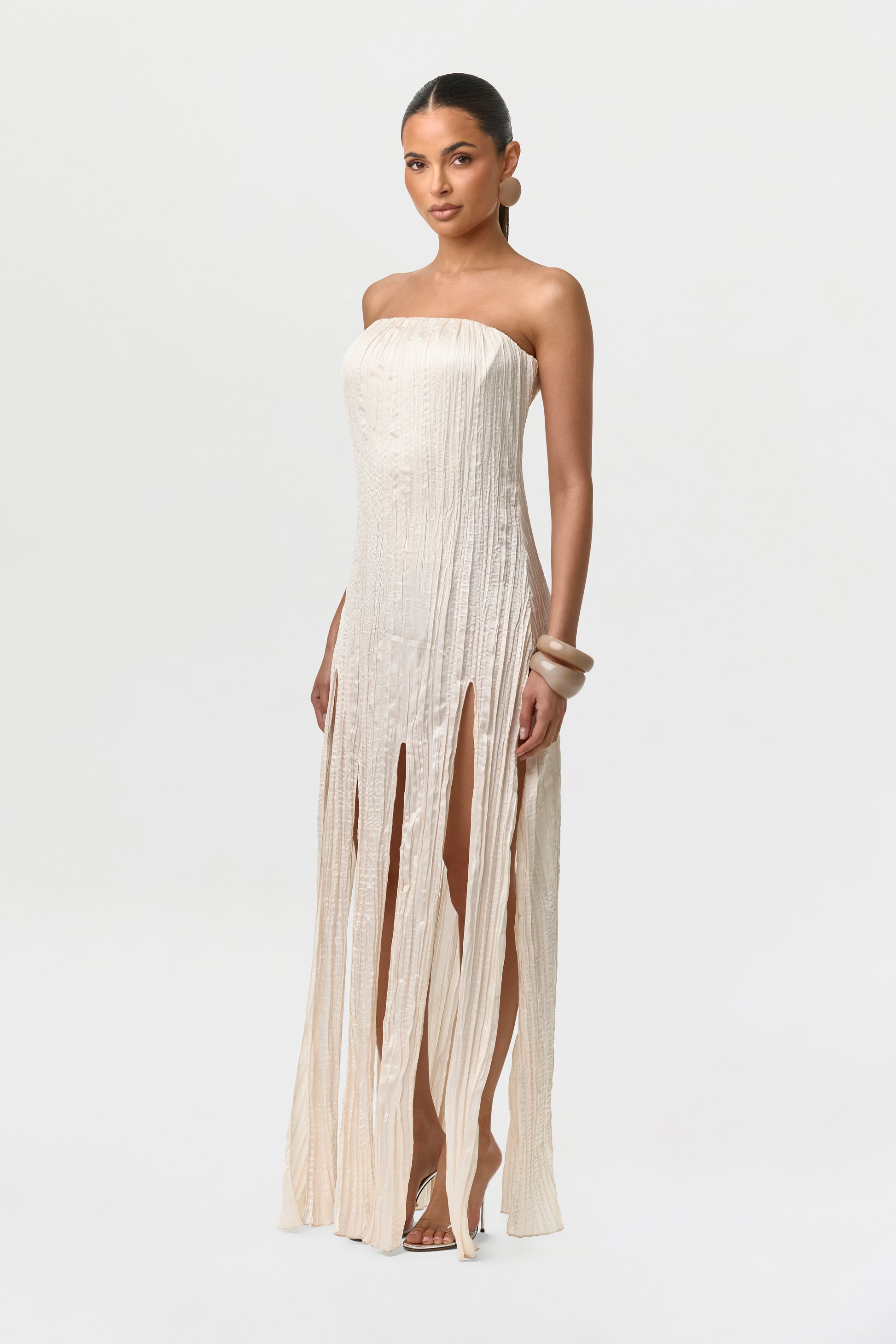 Women's Satin Pliss Tube Dress by Naked Wardrobe, Crema / L Women's Satin Pliss Tube Dress by Naked Wardrobe, Crema / L