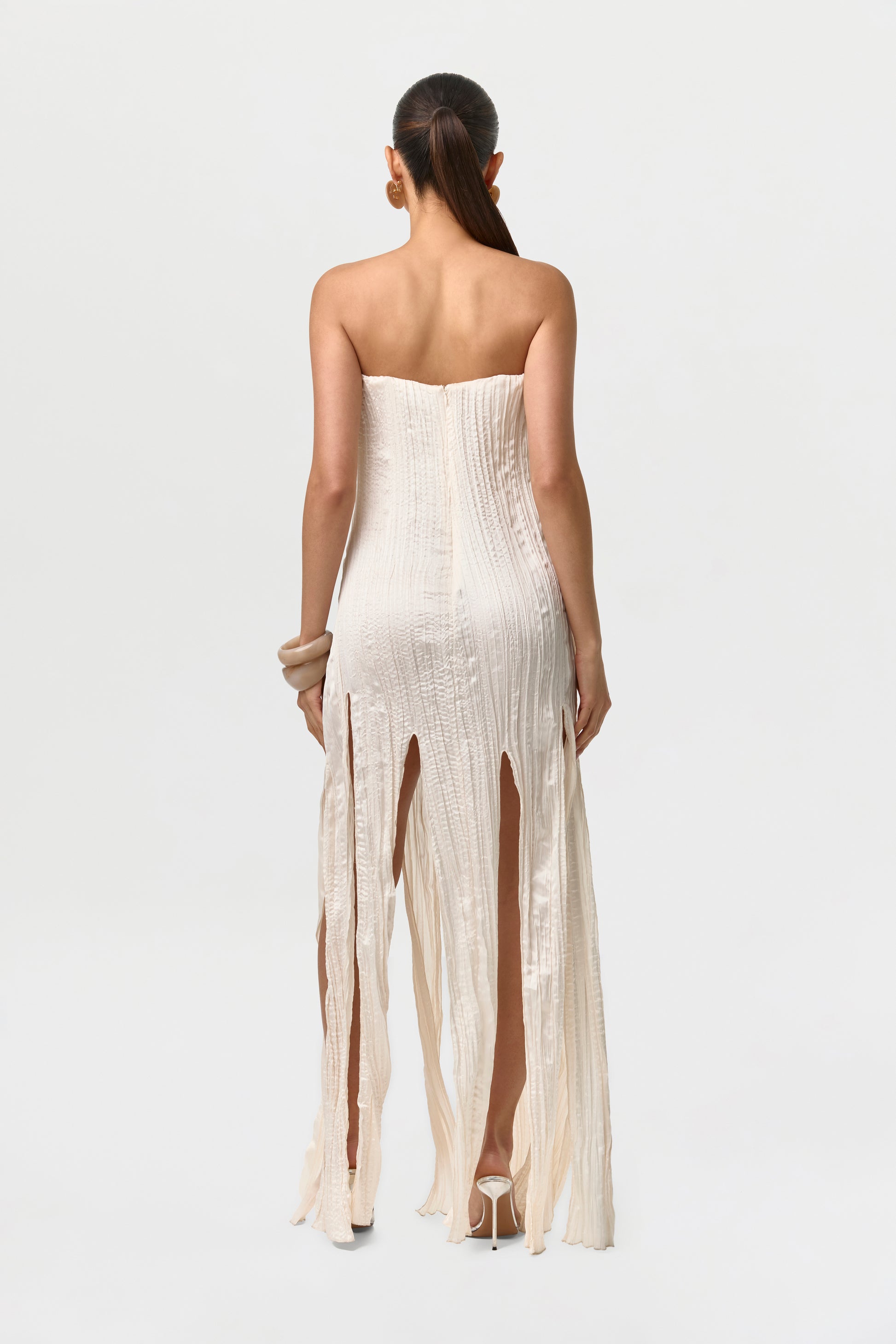Naked Wardrobe Women's Strapless Fring Detail Satin Plissé Dress - Natural