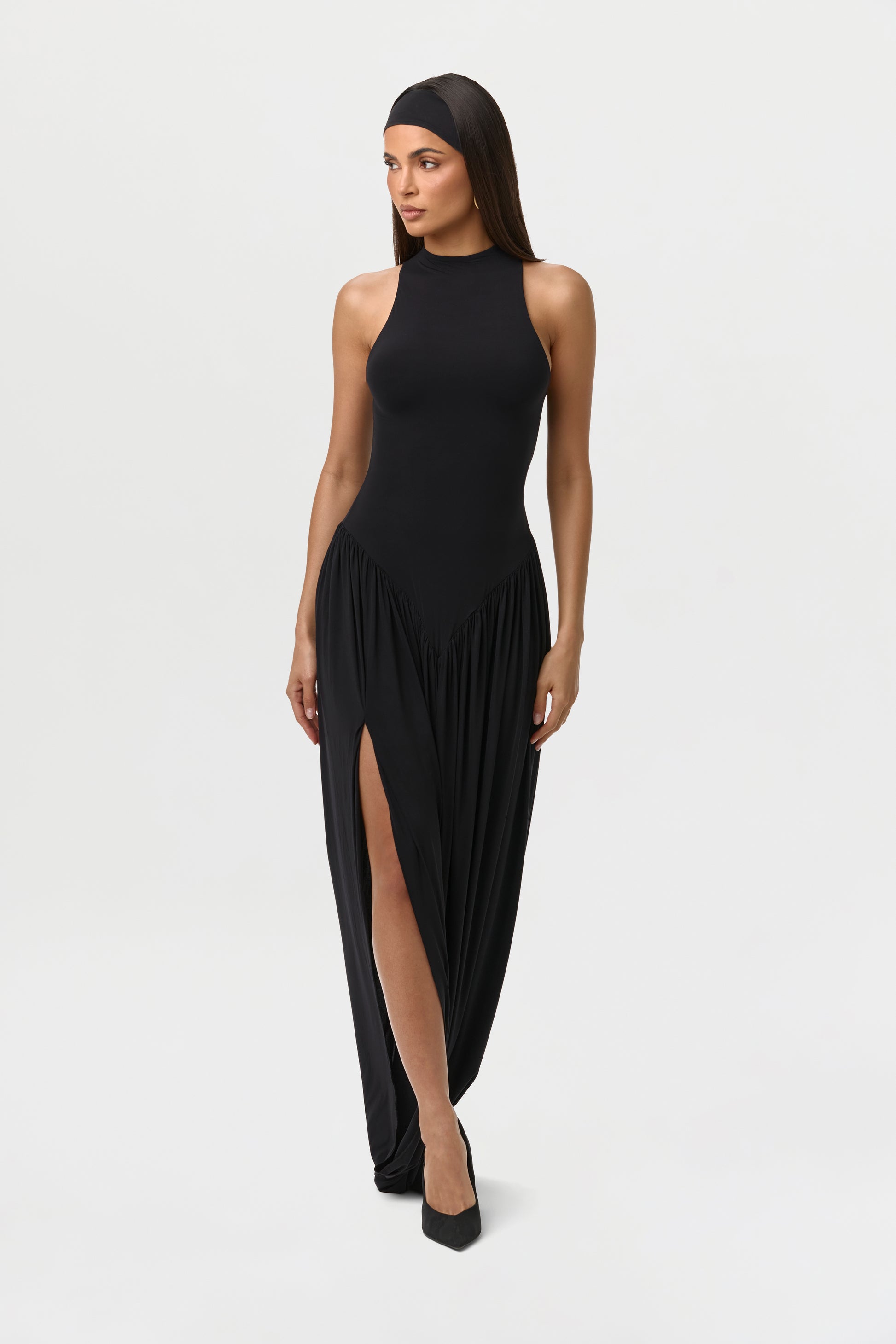 draped sleeveless midi dress Oleandra | Light BLUE High-Neck Midi-Dress With Draped-Detail