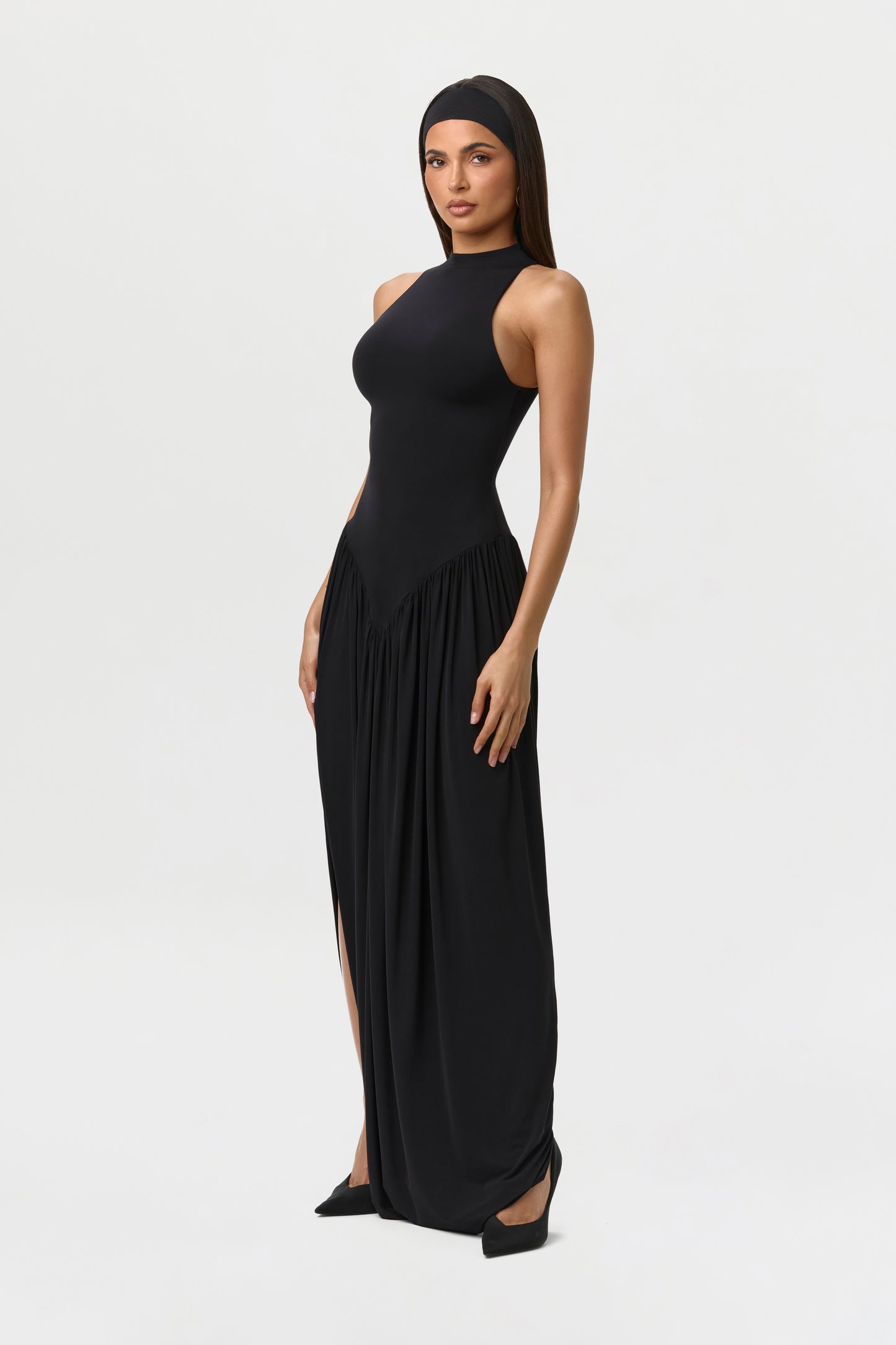 Naked Sleeveless Draped Maxi Dress