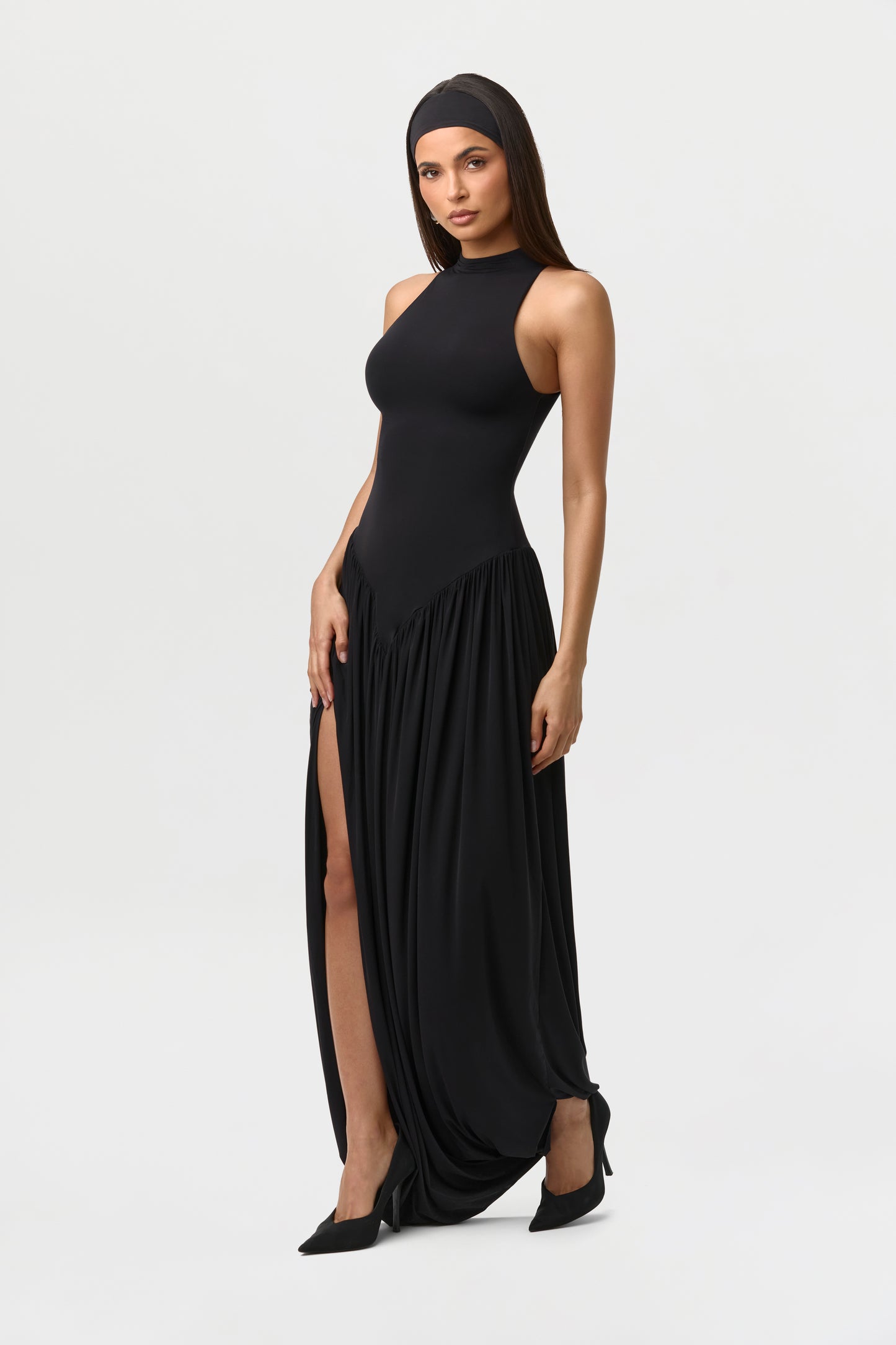 Naked Sleeveless Draped Maxi Dress