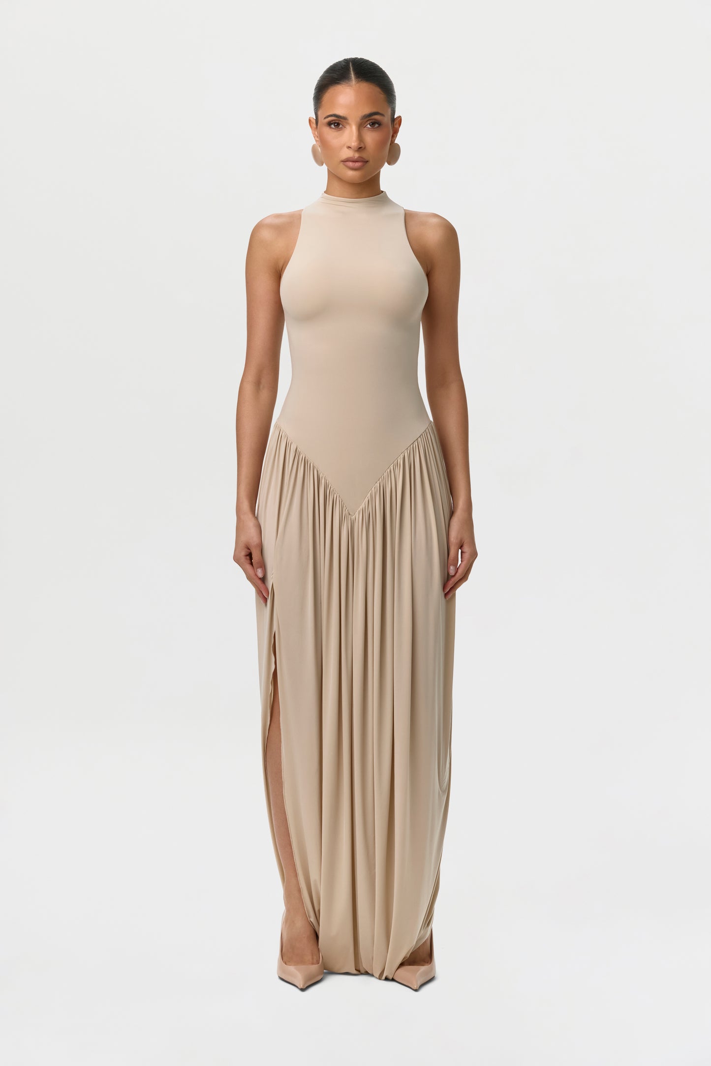 Naked Sleeveless Draped Maxi Dress