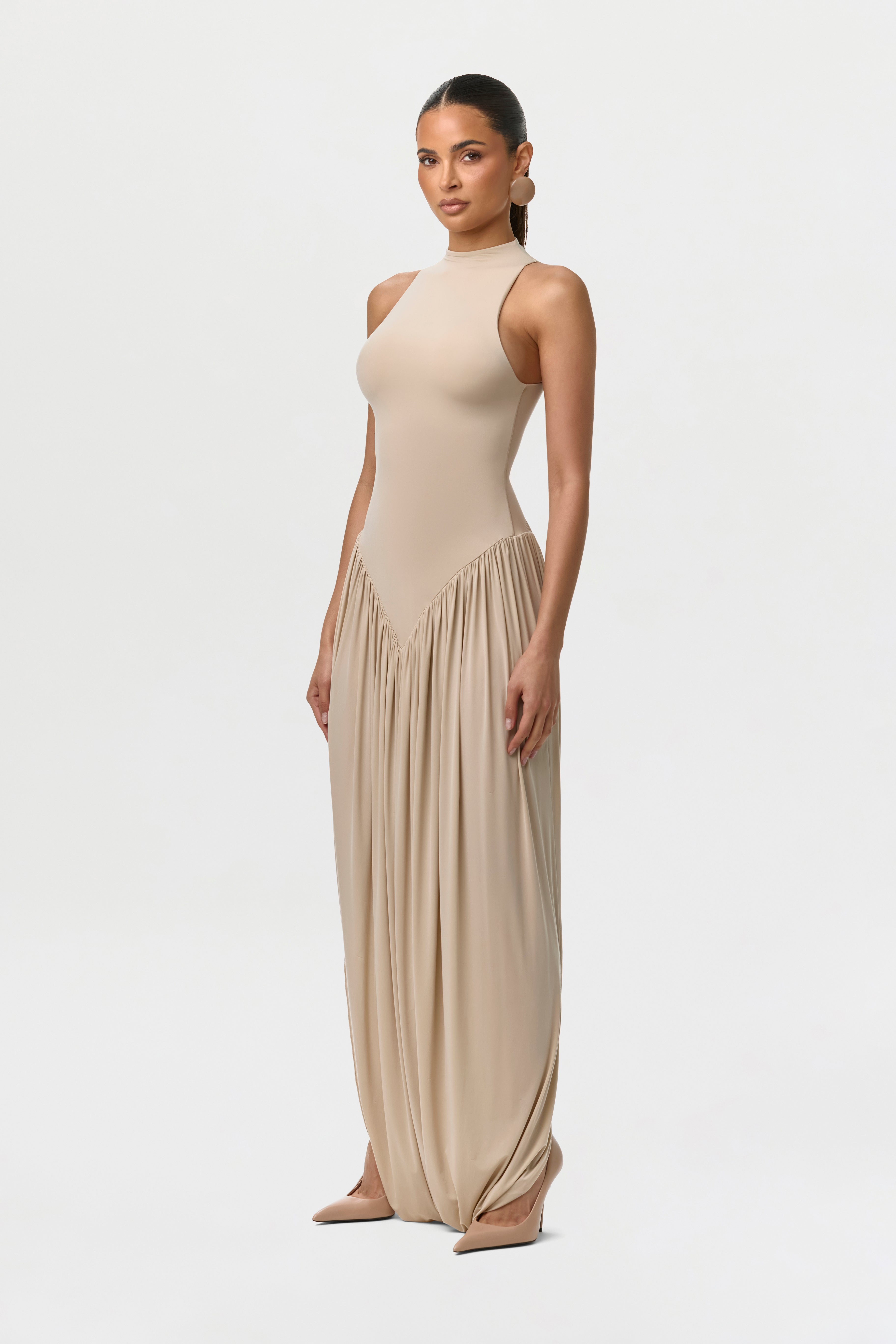 Naked Sleeveless Draped Maxi Dress