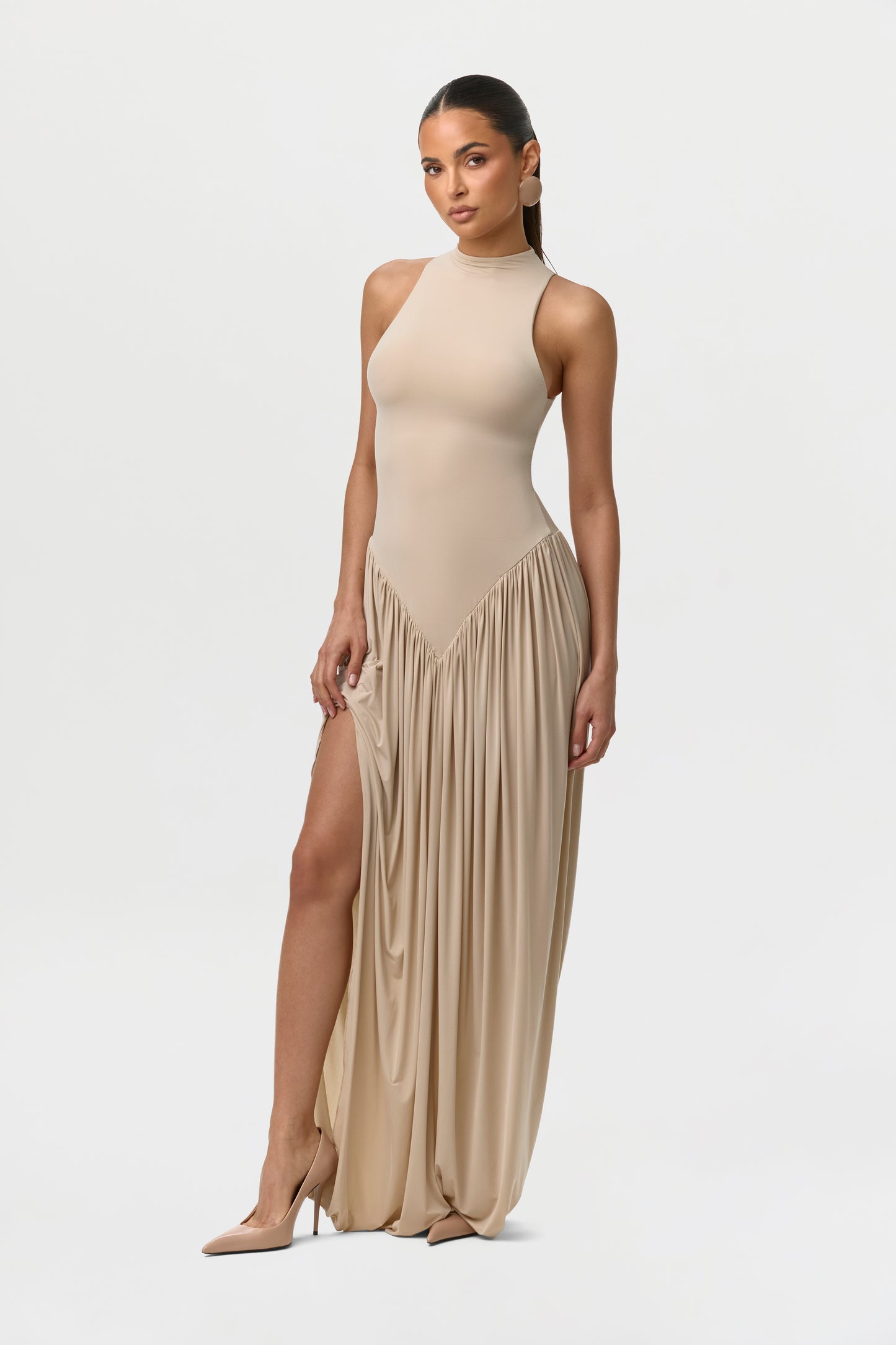 Naked Sleeveless Draped Maxi Dress