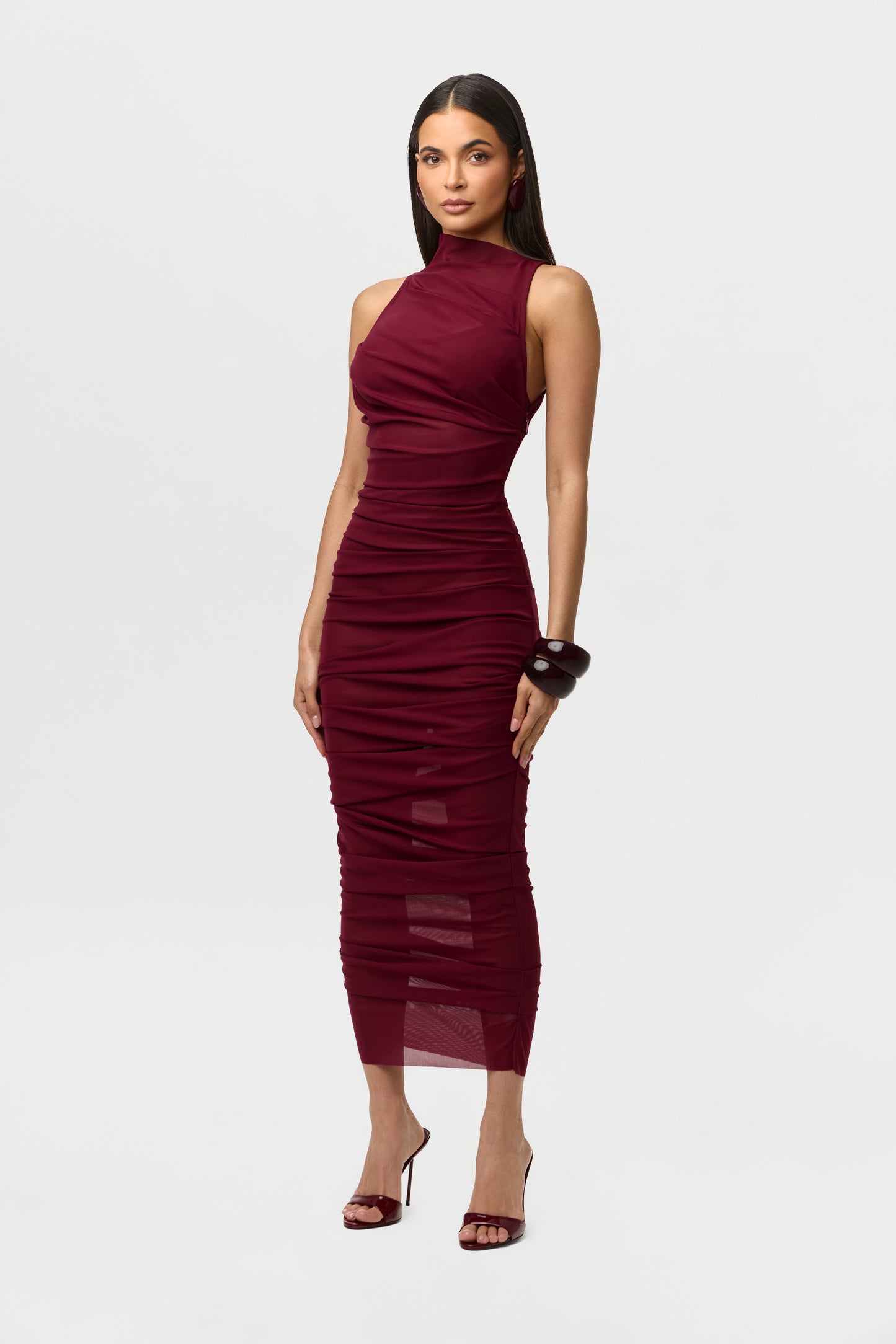 Mesh Asymmetric Pleated Midi Dress
