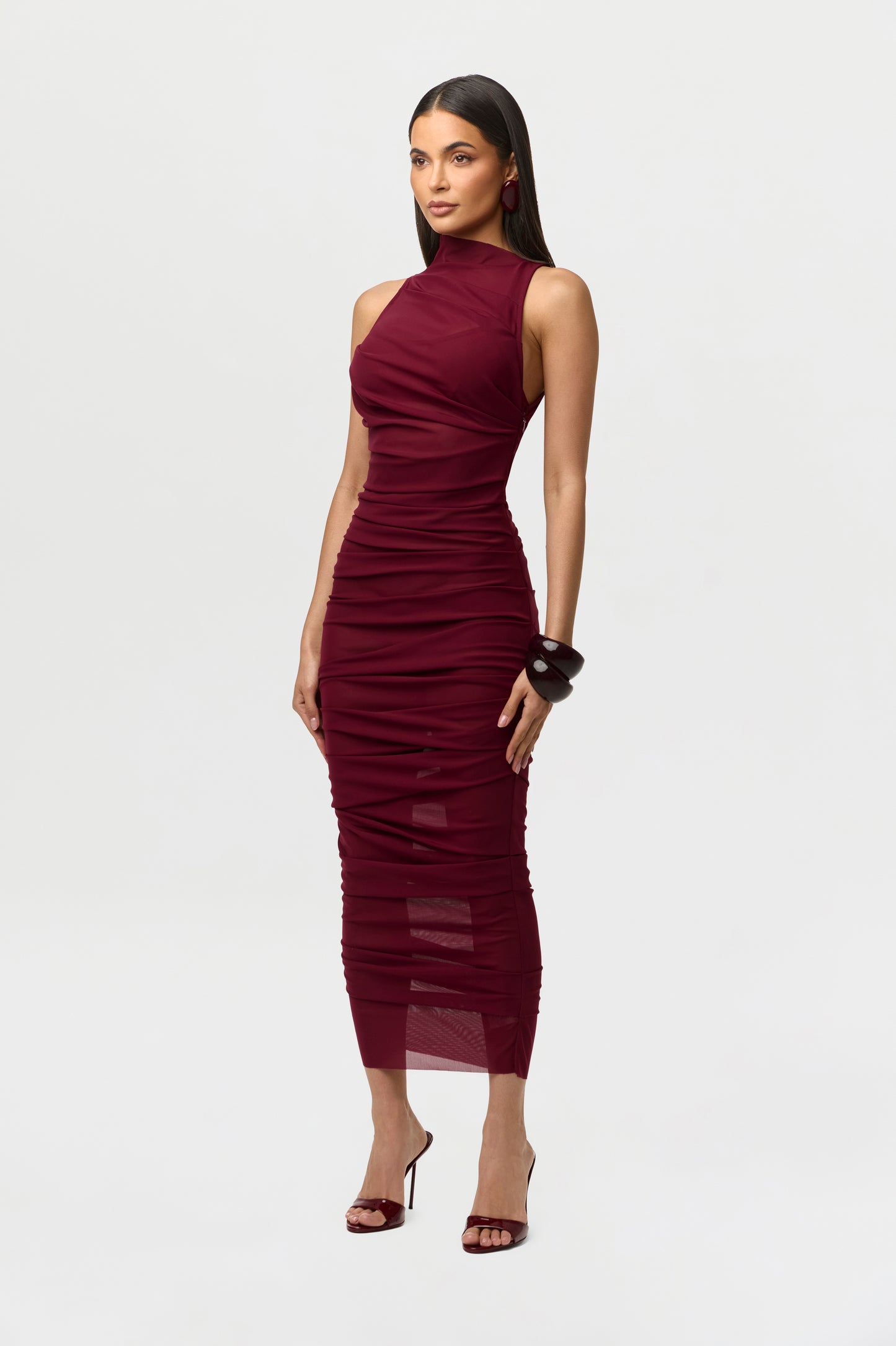 midi dress length in inches Women's Mesh Asymmetric Pleated Midi Dress by Naked Wardrobe, Sangria / L