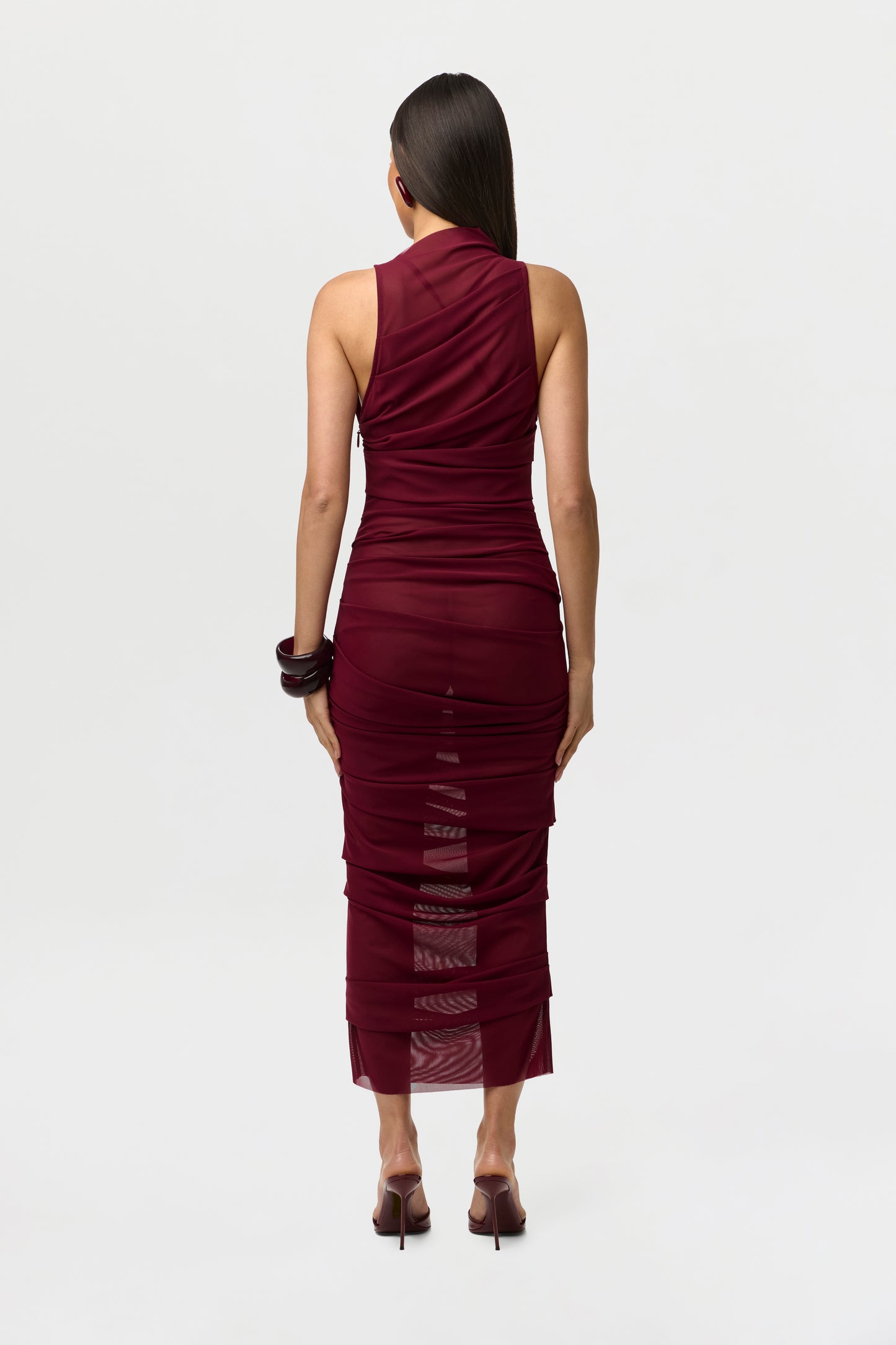 Mesh Asymmetric Pleated Midi Dress