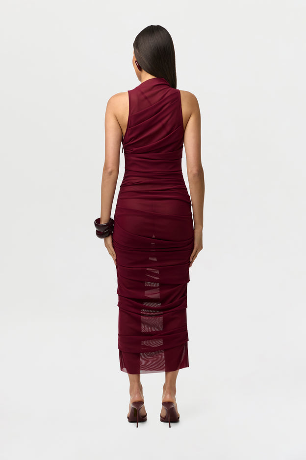 Mesh Asymmetric Pleated Midi Dress