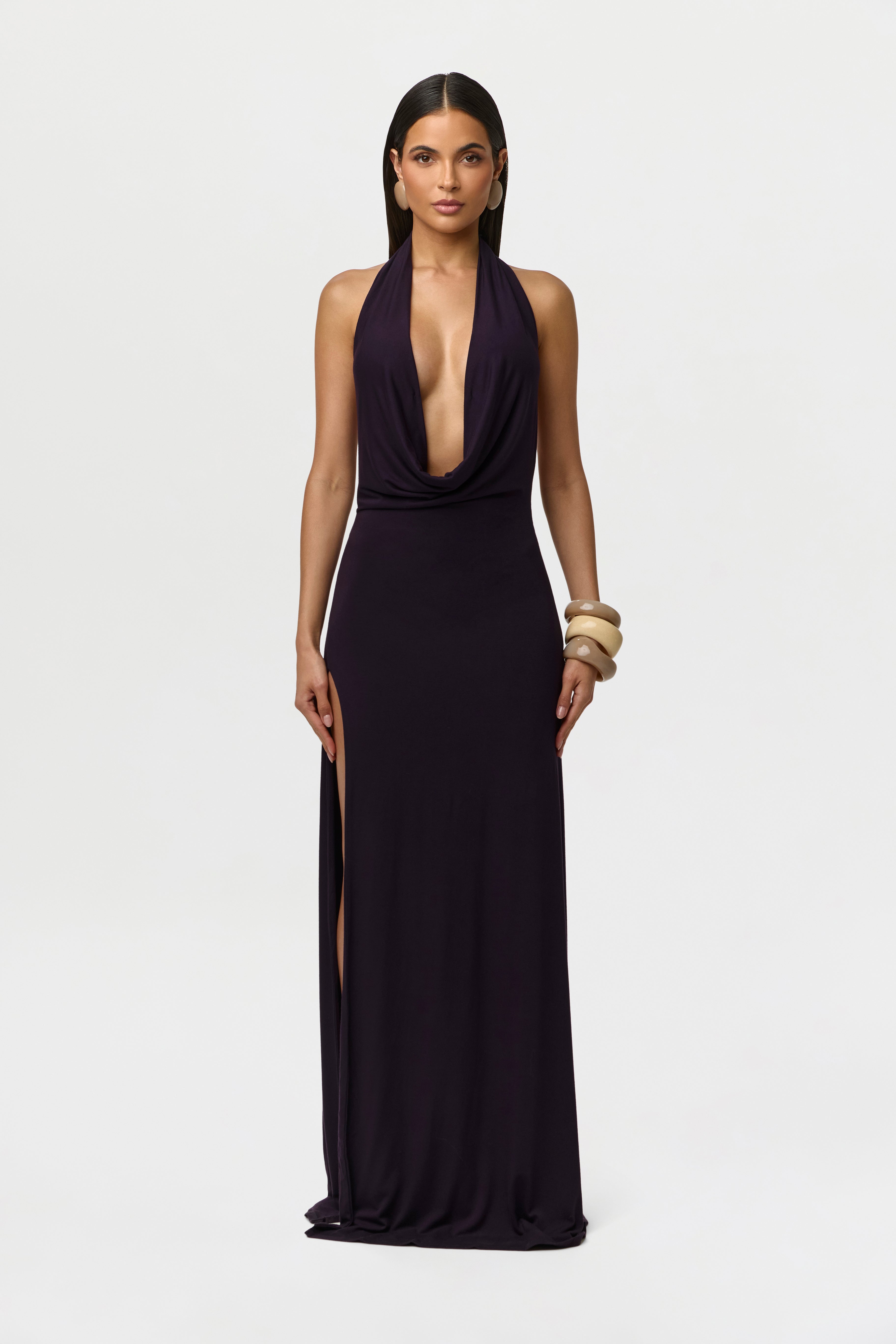 Smooth Plunge Halter Maxi Dress