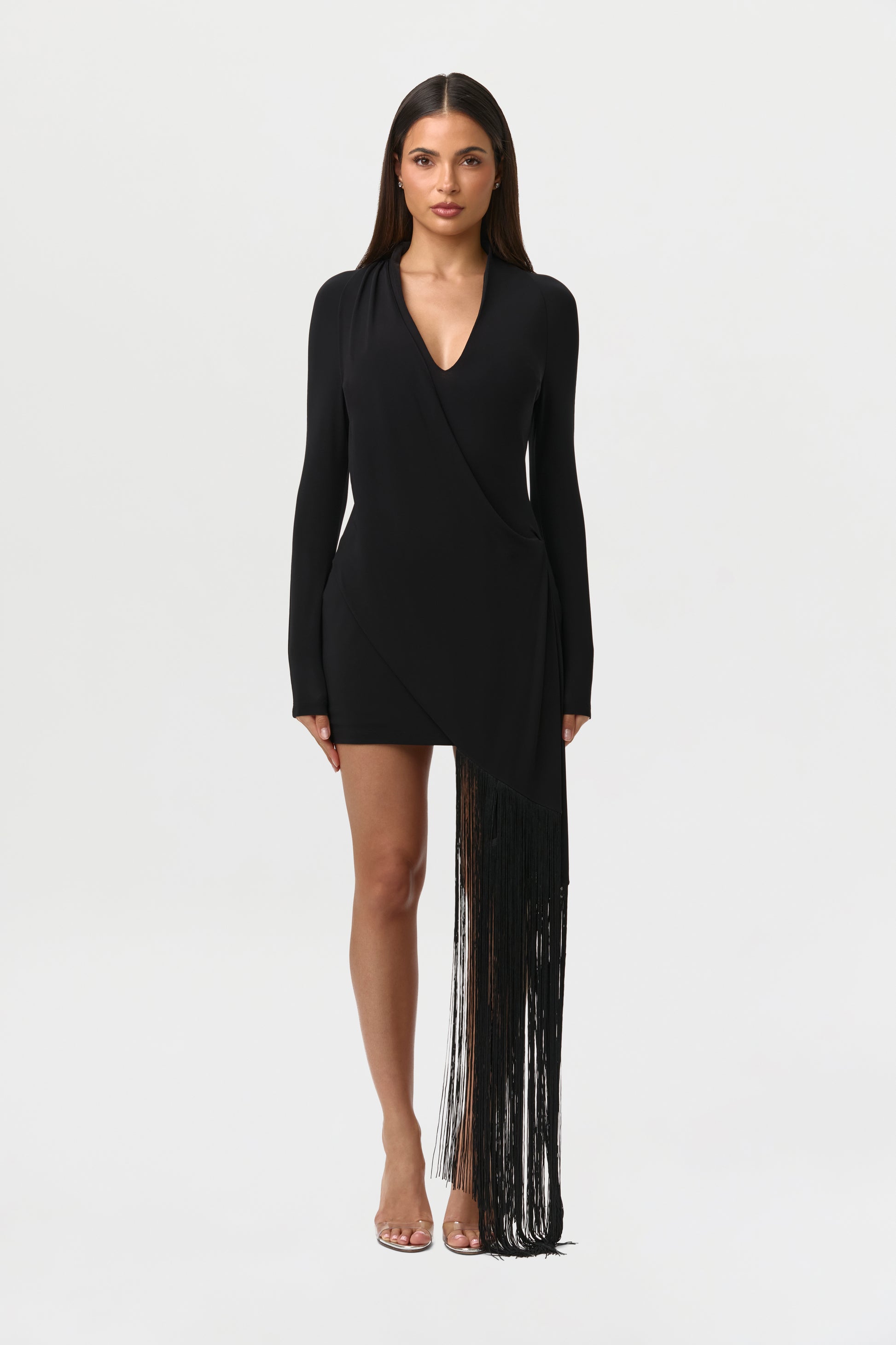 Naked Wardrobe Women's Slinky Fringe Detail Long Sleeve Minidress - Black - Mini dresses Naked Wardrobe Women's Slinky Fringe Detail Long Sleeve Minidress - Black - Mini dresses