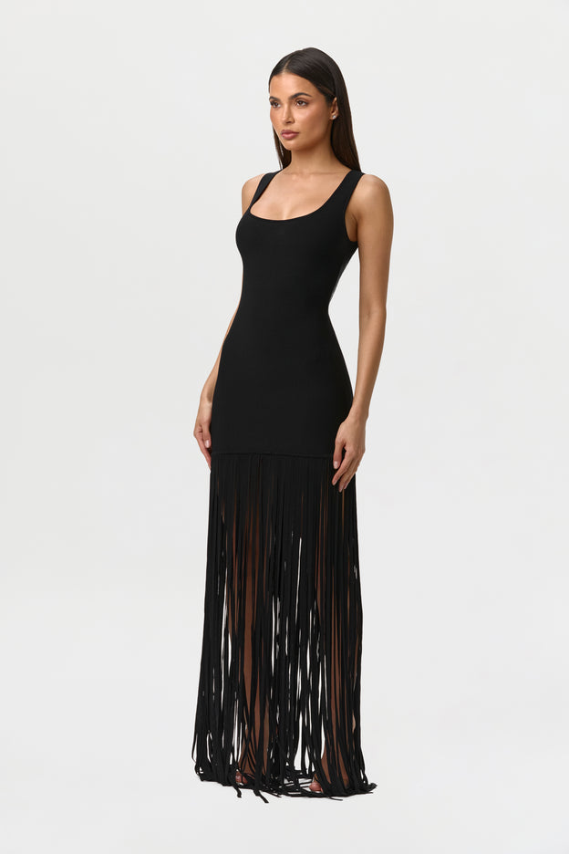 Naked Wardrobe Women's Knit Fringe Maxi Dress - Black