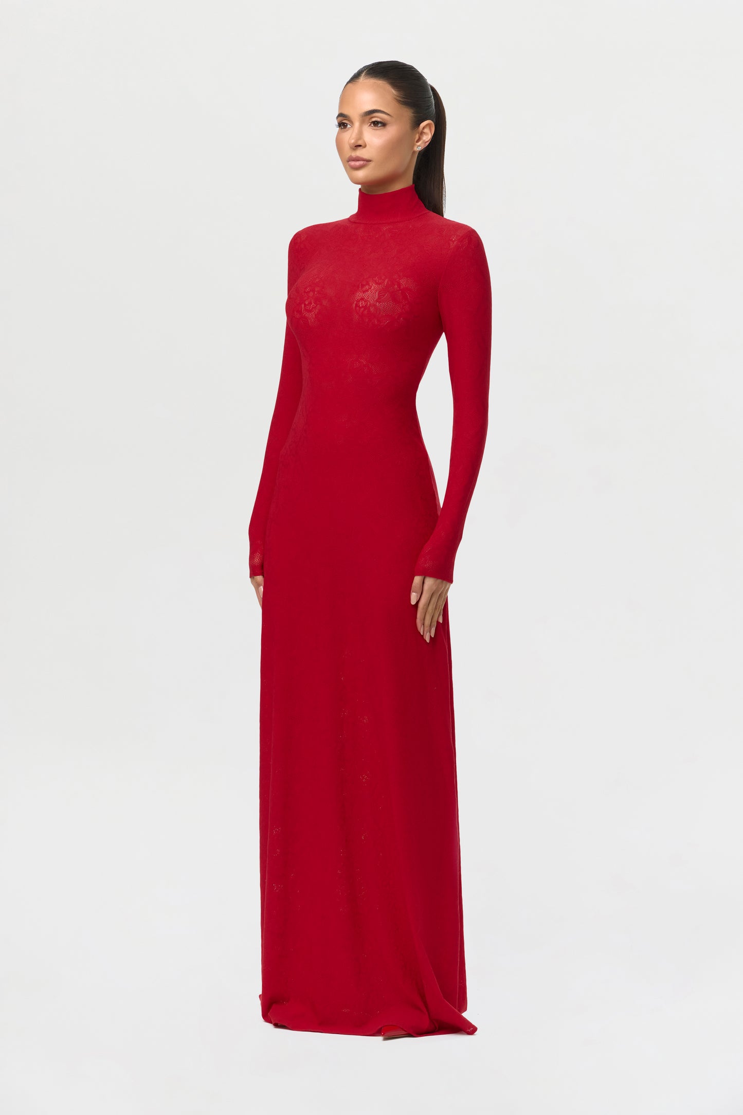 Stretch Lace Turtleneck Maxi Dress