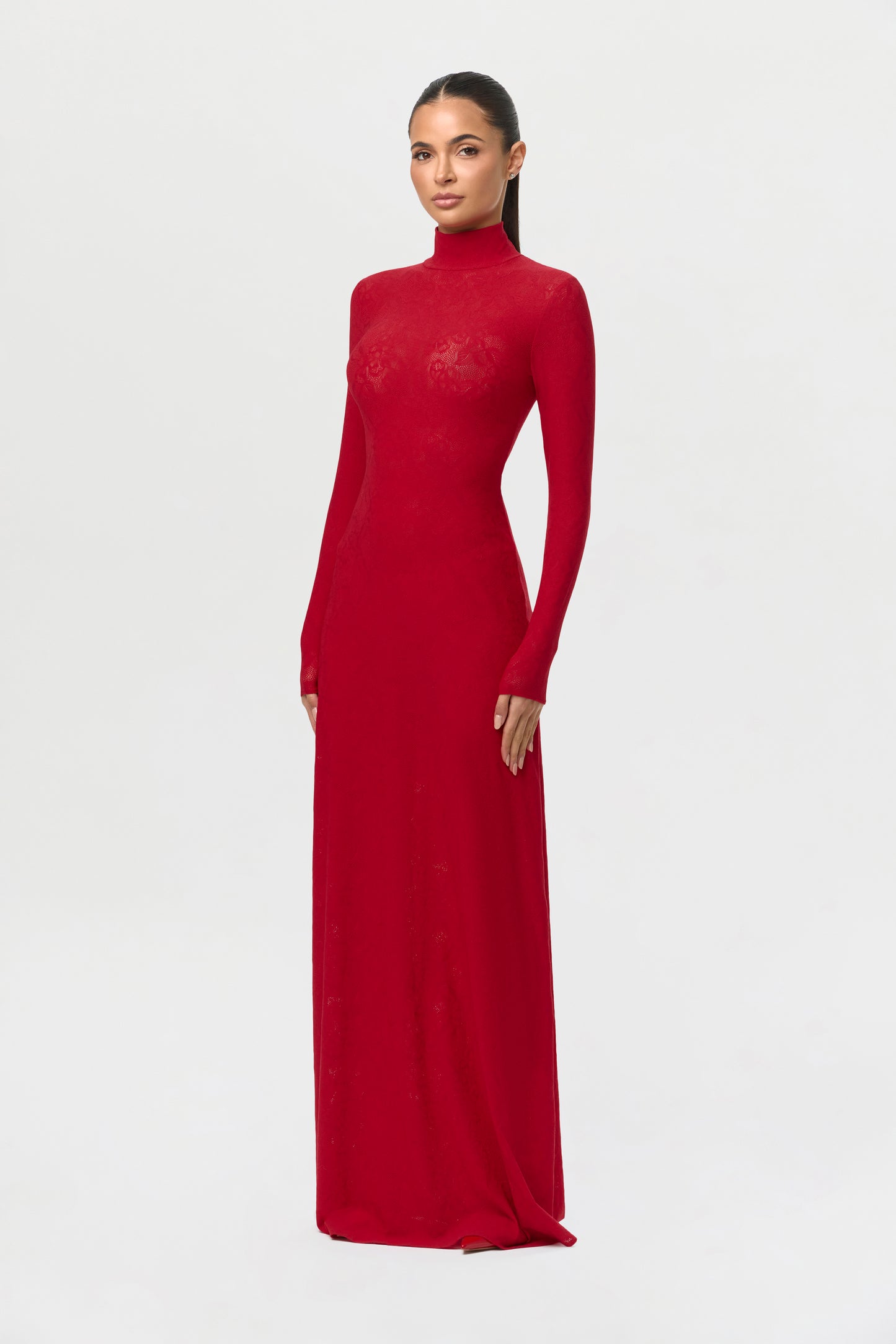 Women's Stretch Lace Turtleneck Maxi Dress by Naked Wardrobe, Ruby Red / M Women's Stretch Lace Turtleneck Maxi Dress by Naked Wardrobe, Ruby Red / M