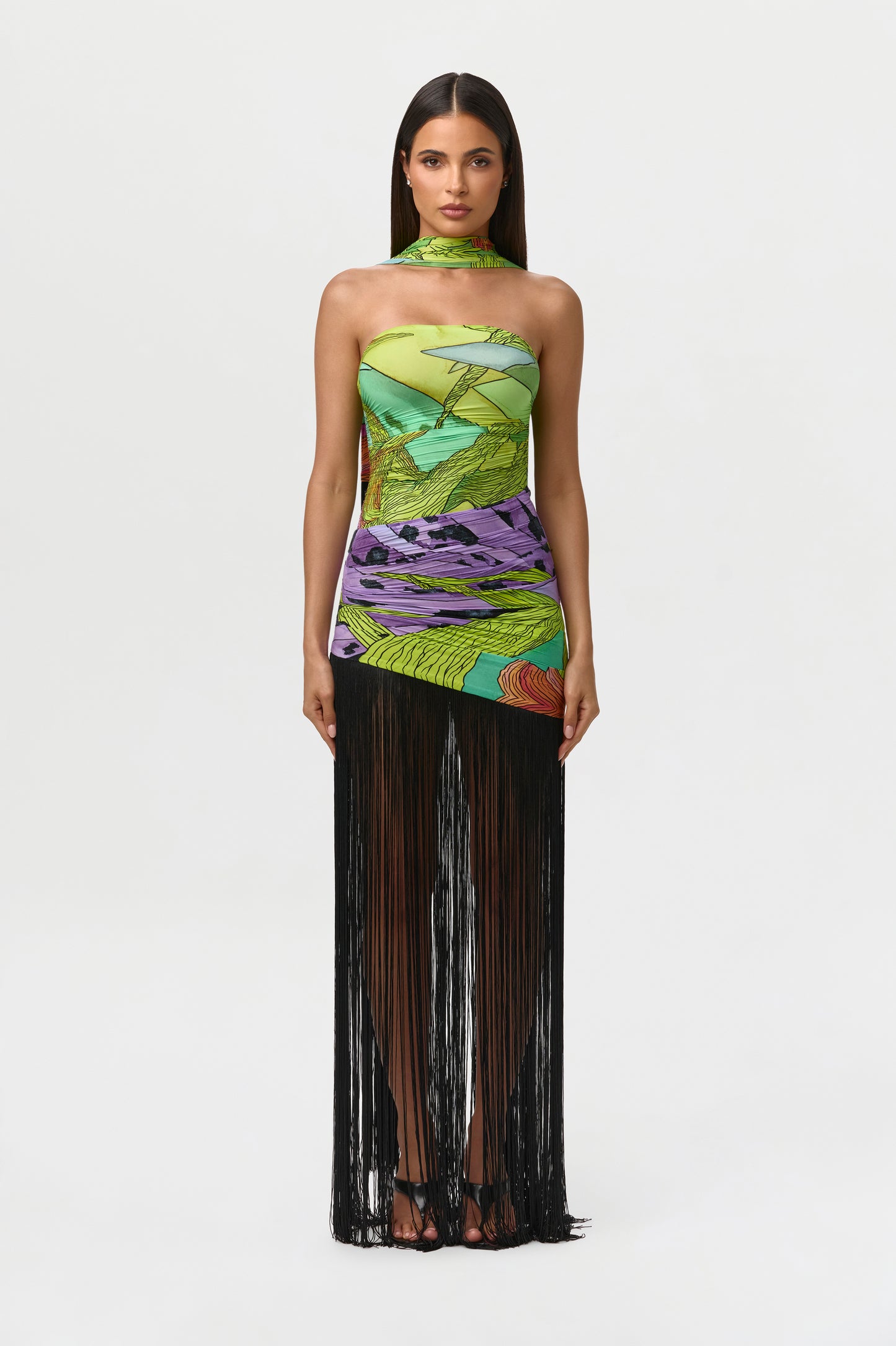 Naked Print Fringe Tube Dress